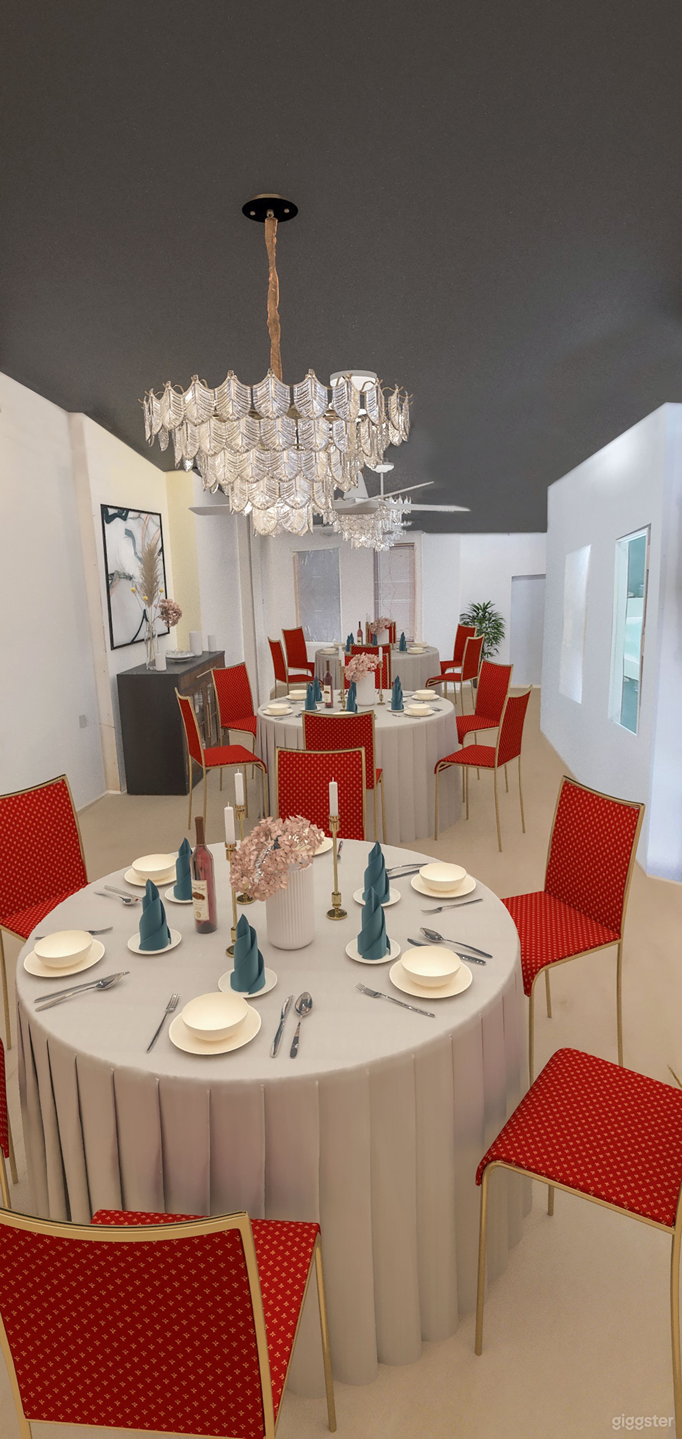 Mark up of how your next dinner party can look in our space. This space can hold up to 50 seated guests