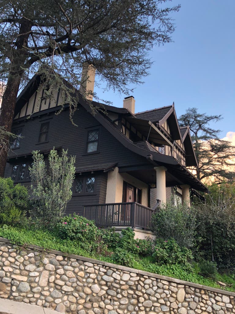  La Paloma also now called Marsak Manor. Historic property built in 1907, Tudor-Craftsman Style. Historic-Cultural Monument No. 554, Architect Edward Symonds (declared 1992). 
Another shot of the exterior of house, front/side angle. 