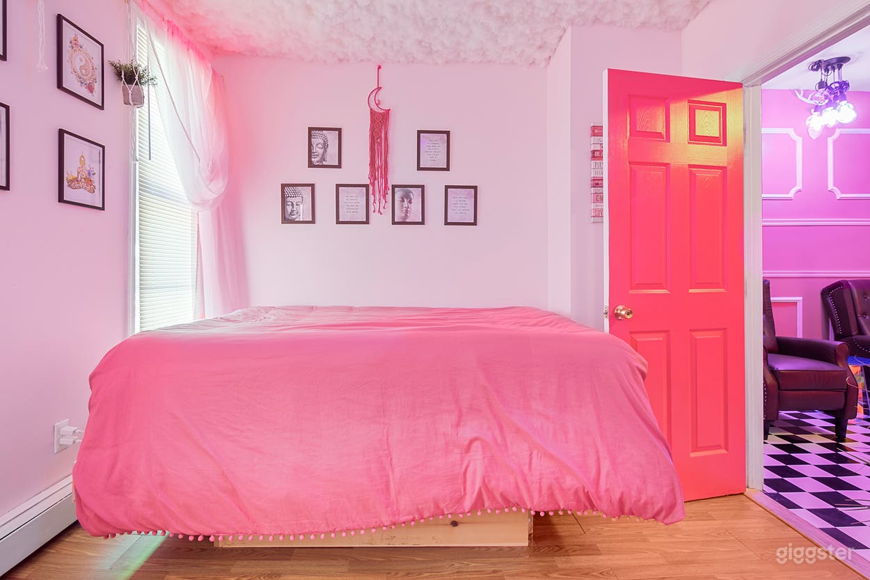 Pink Boho Zen room. Features led cloud ceiling, neon lights, swing chair and boho decor.