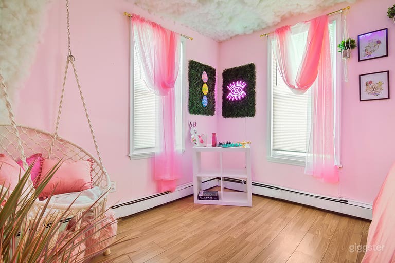  Pink Boho Zen room. Features led cloud ceiling, neon lights, swing chair and boho decor. 