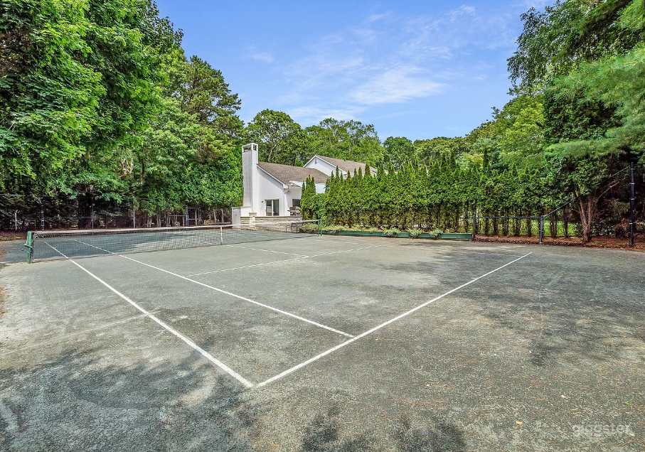 Har Tru tennis court with lush surroundings offering attractive backdrop 