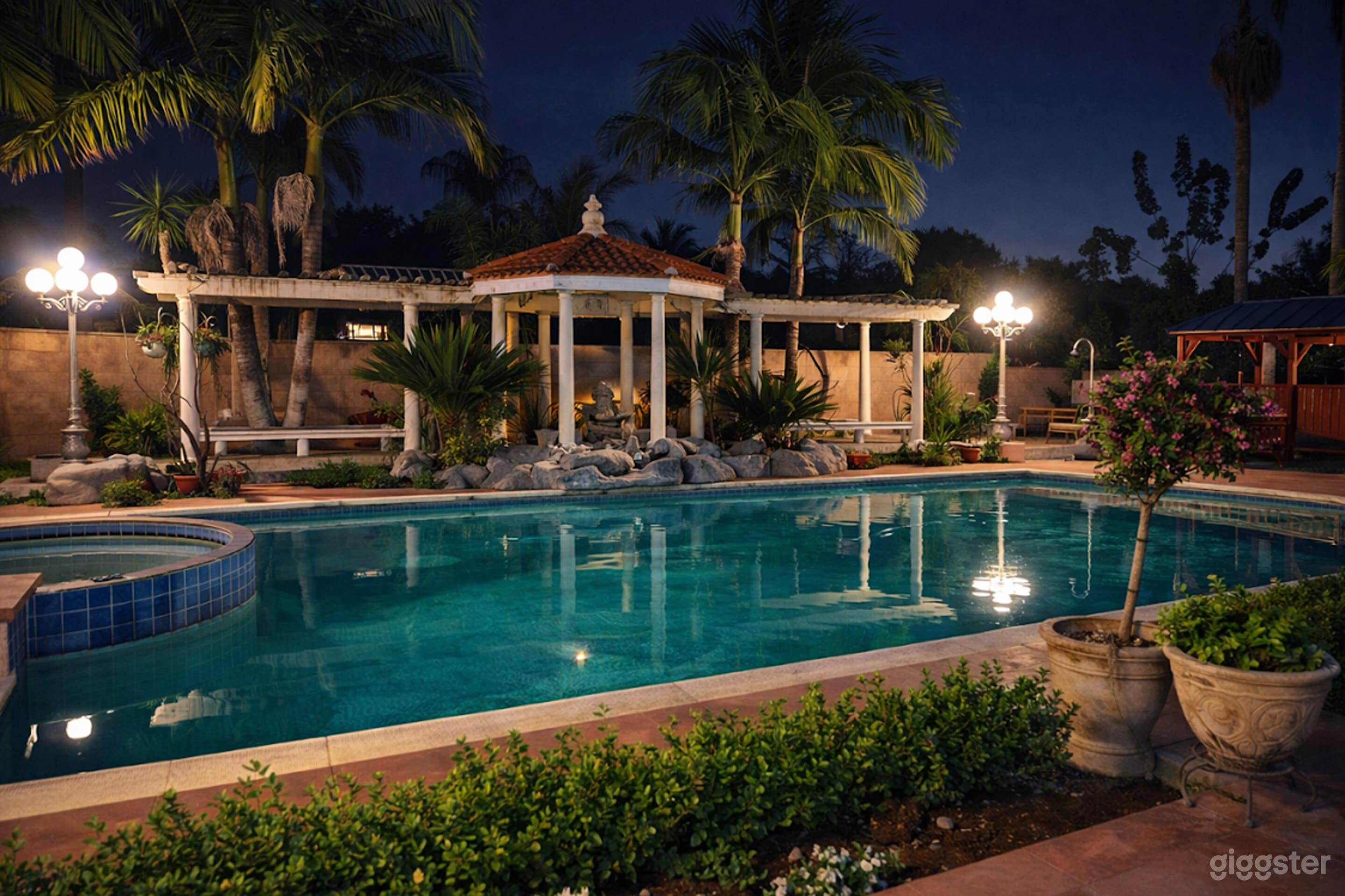 Private Tropical Pool Backyard with Gazebo & Palm Trees Photo 4