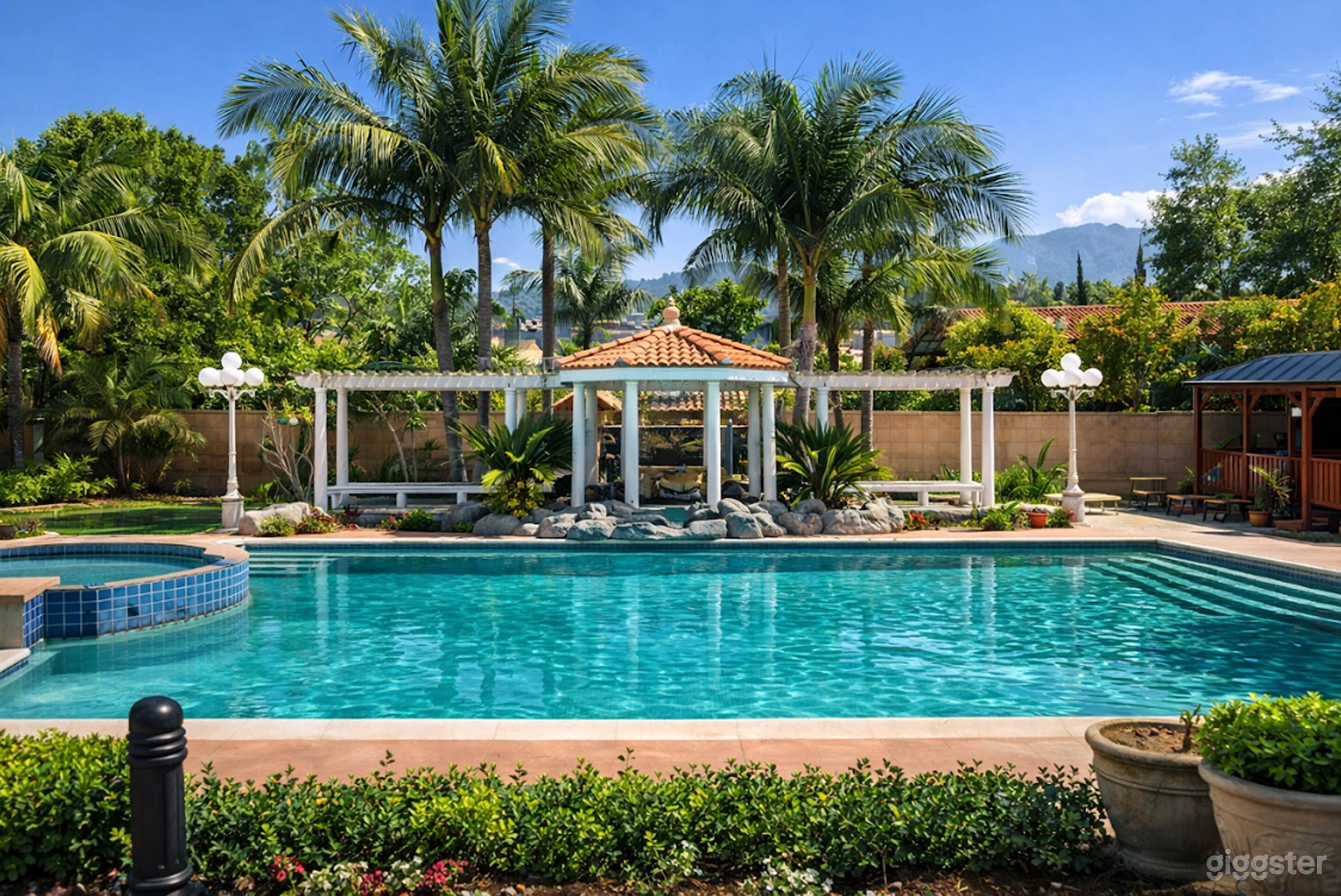 Private Tropical Pool Backyard with Gazebo & Palm Trees Photo 3
