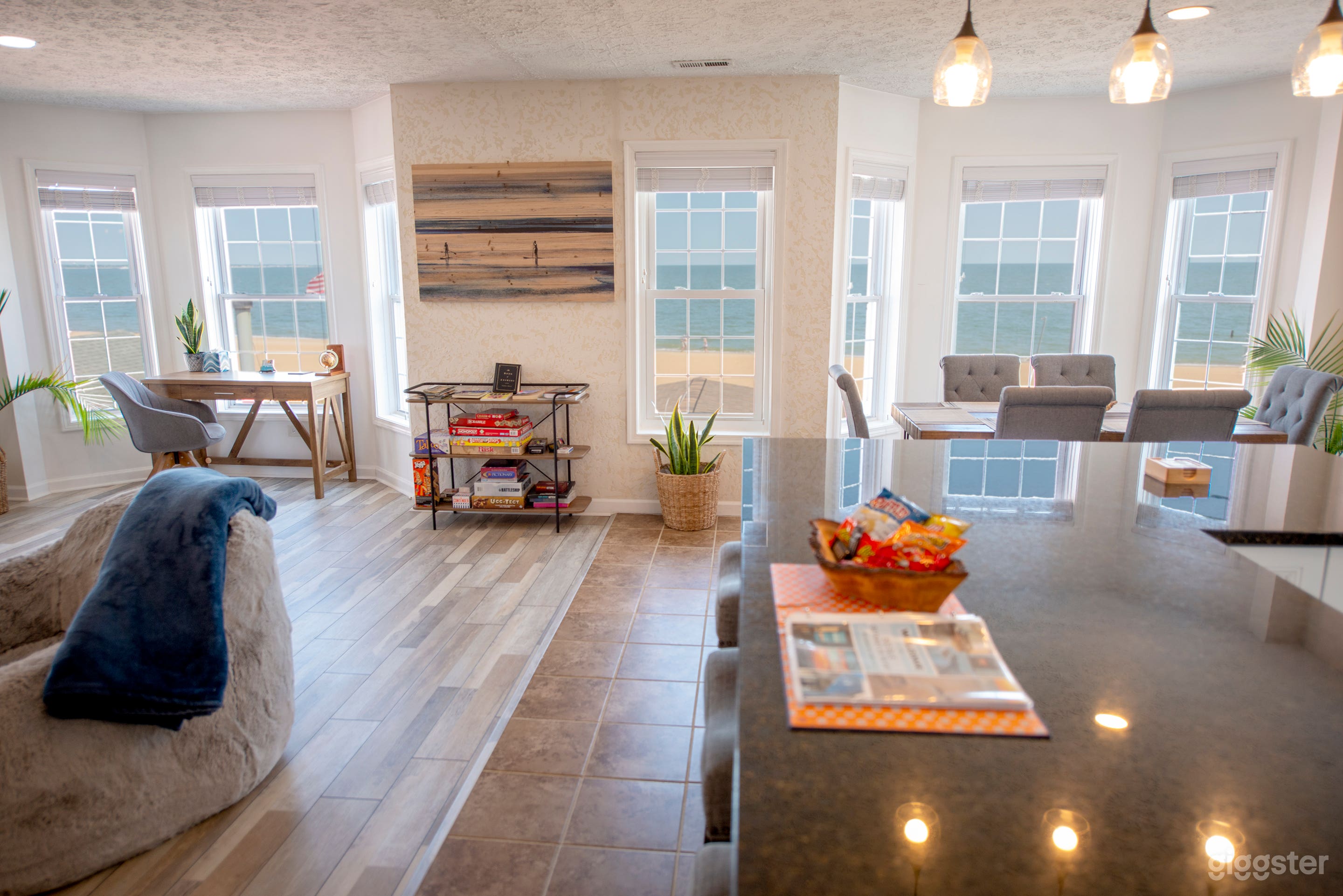 Kitchen, dining room, mini-office and living room with beach views
