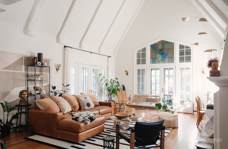  Living Room with cathedral ceiling &amp; stained glass 