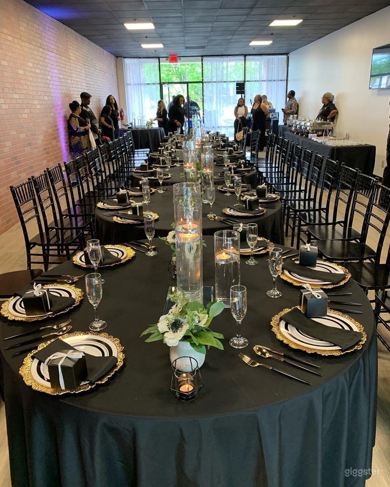  Event/studio space w/brick wall, black ceiling 