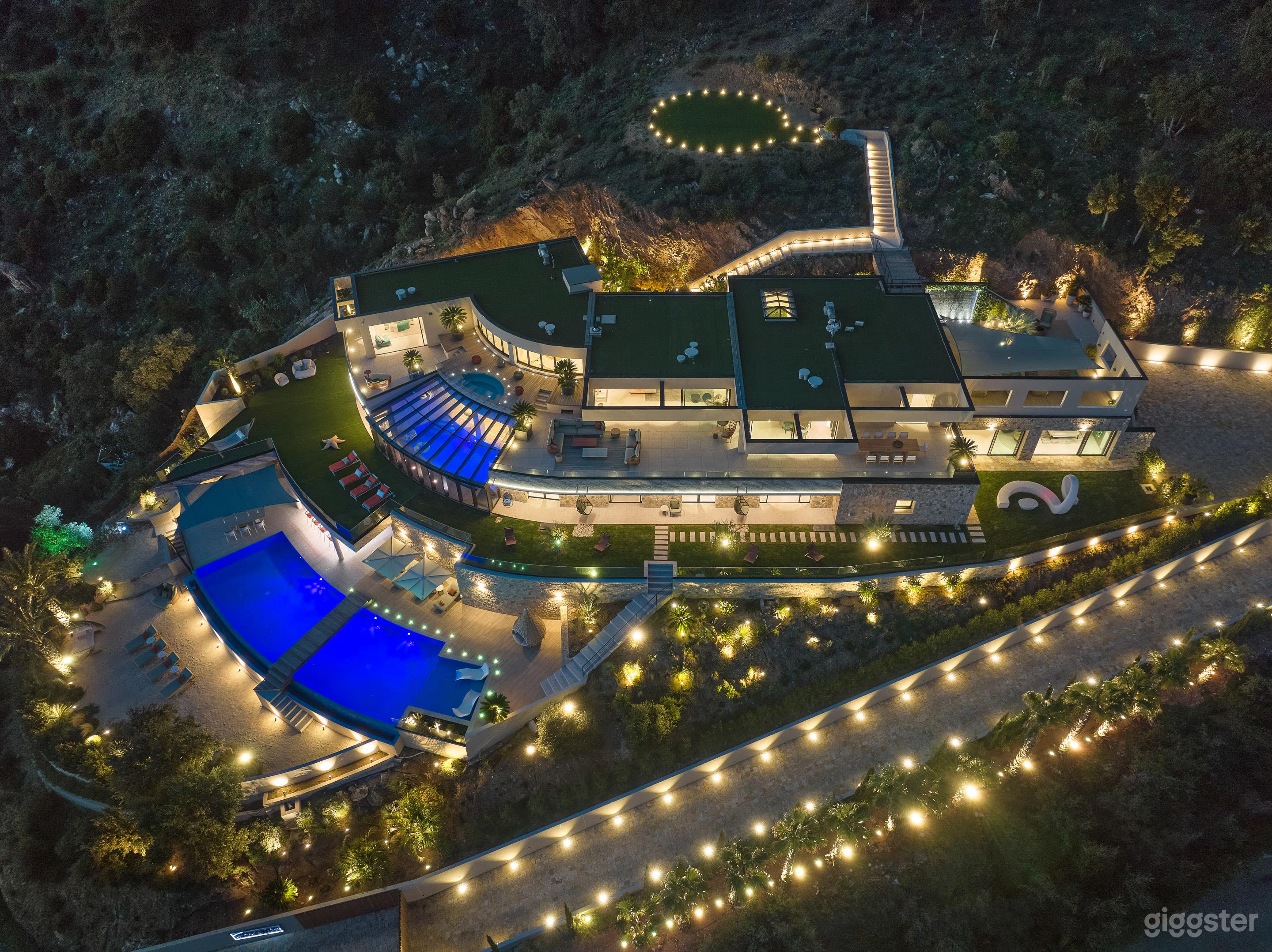 Exterior aerial view at night
