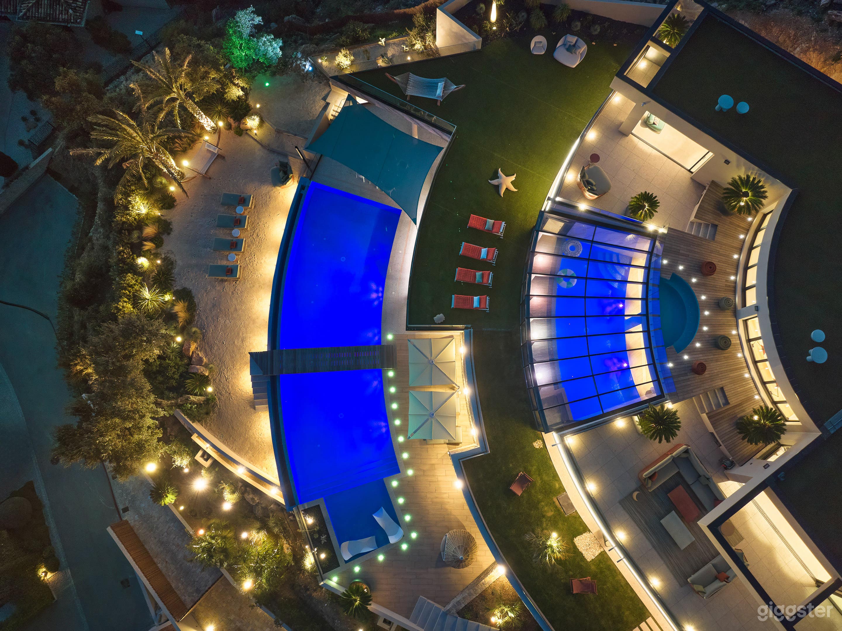 Exterior aerial view at night
