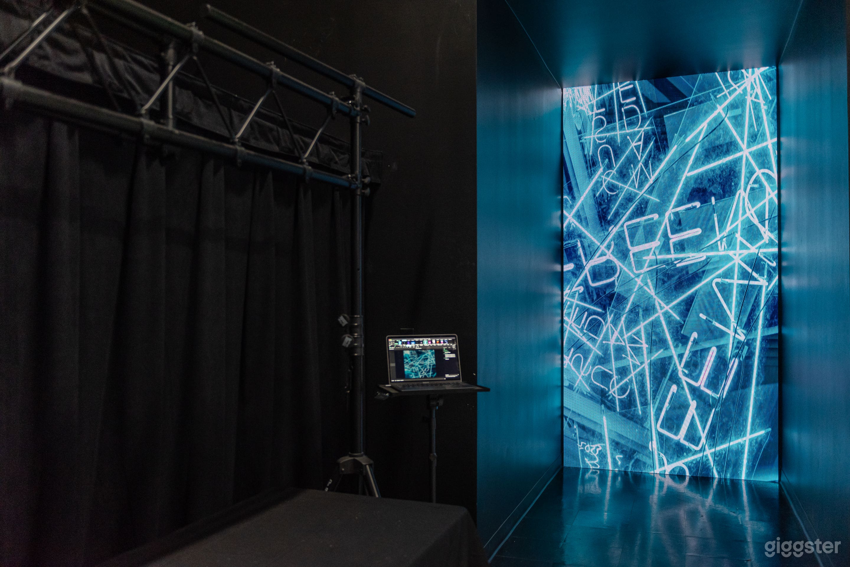 Led Tunnel. 5 feet wide by 10 feet tall, 10 feet deep. Computer runs Resolume, which automatically loops any video assets, and can easily load client assets (videos or stills). 