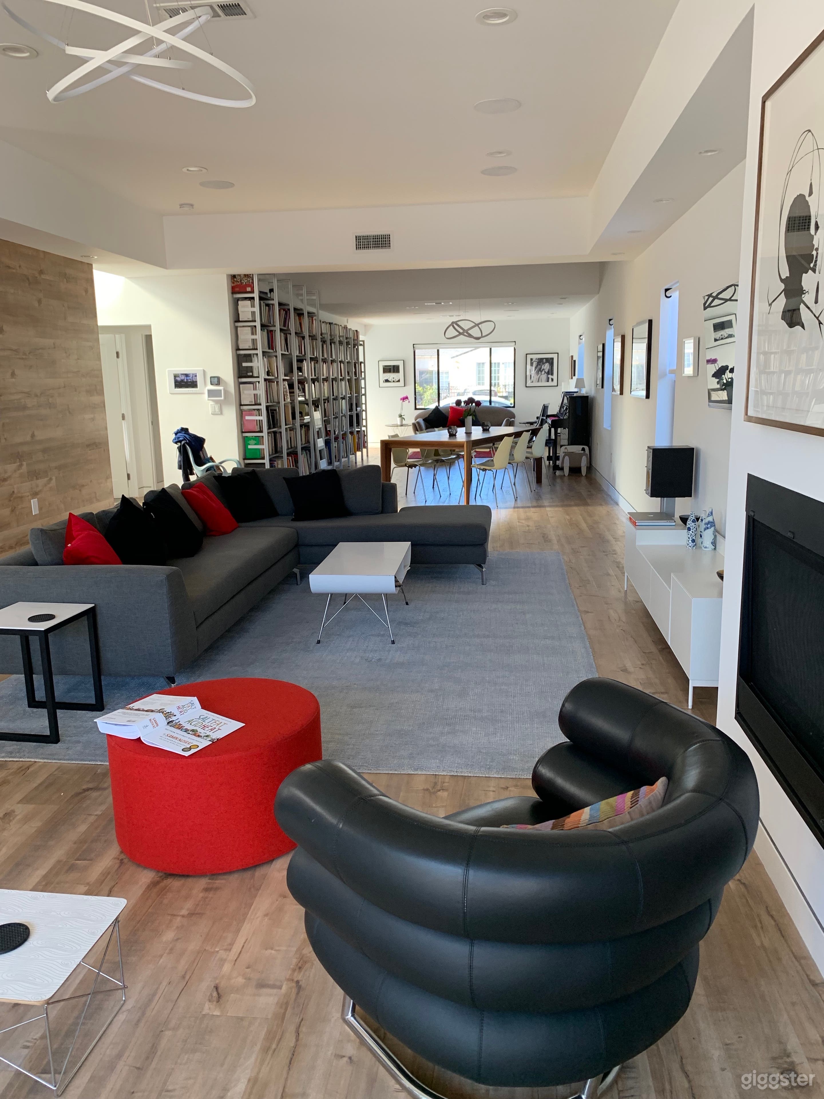 Continuous living room, dining room and library. 