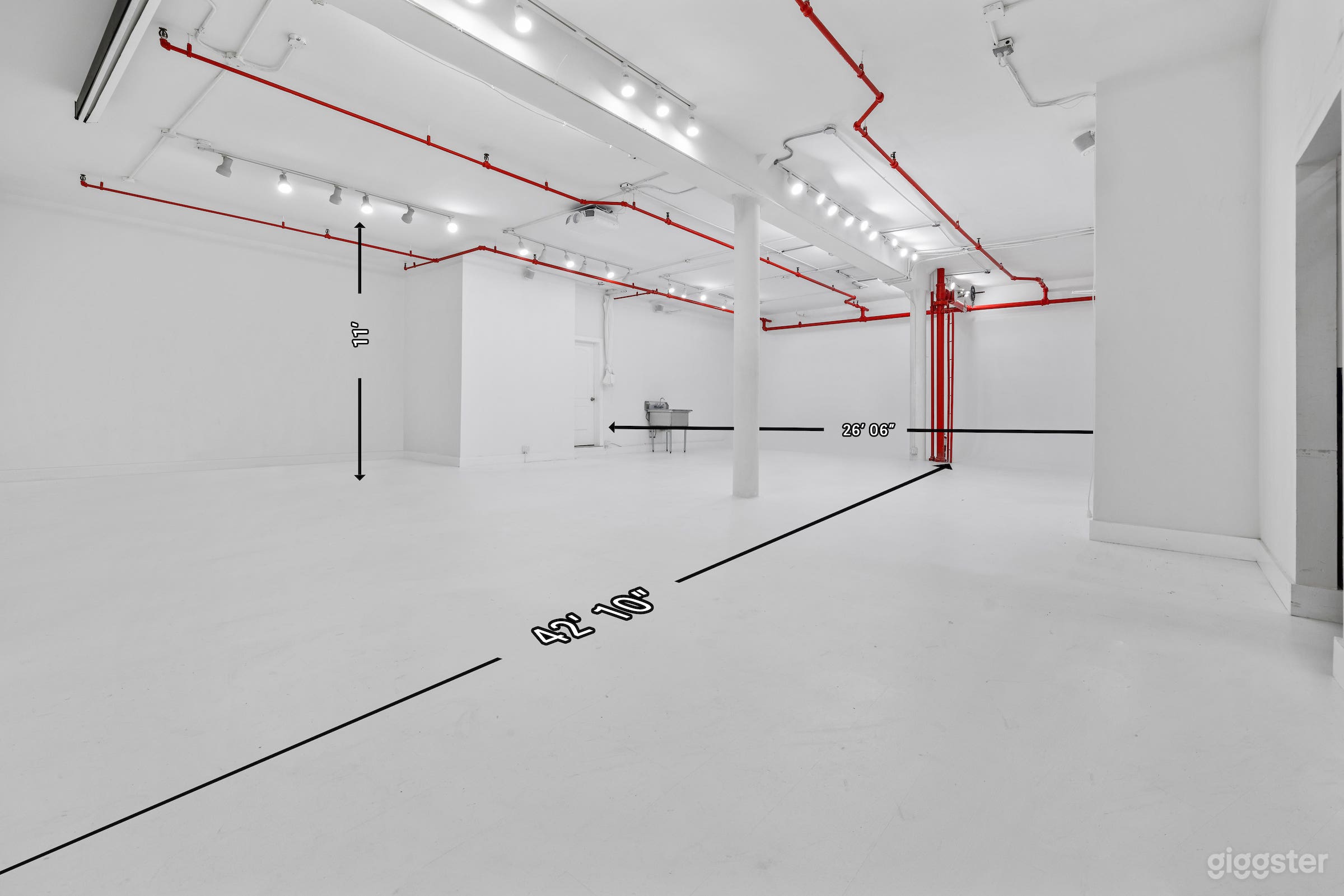 A blank white box that you can transform anyway you envision. We also have a ceiling projector and screen for film viewings and branding.