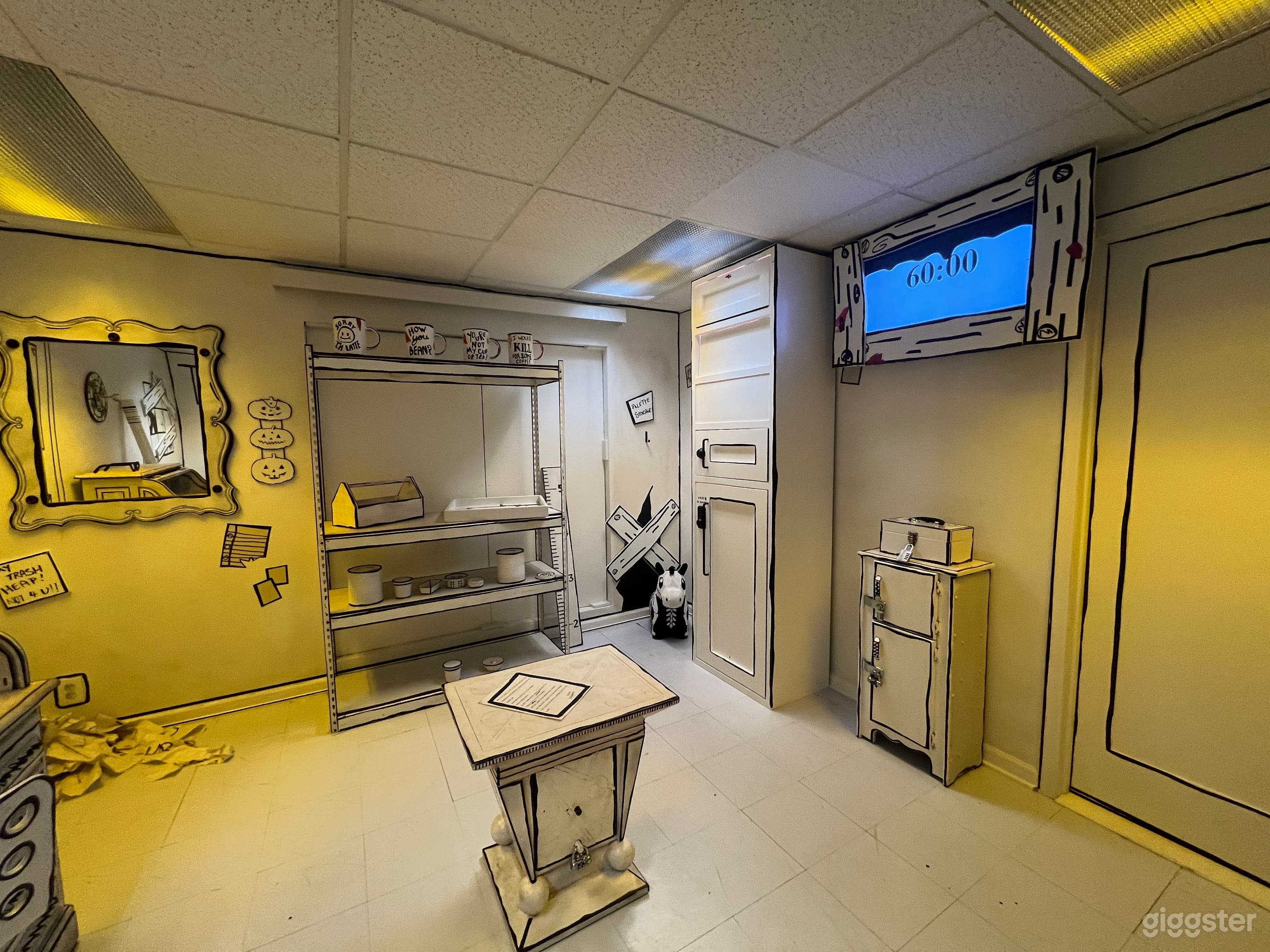 Cartoon black and white themed escape room