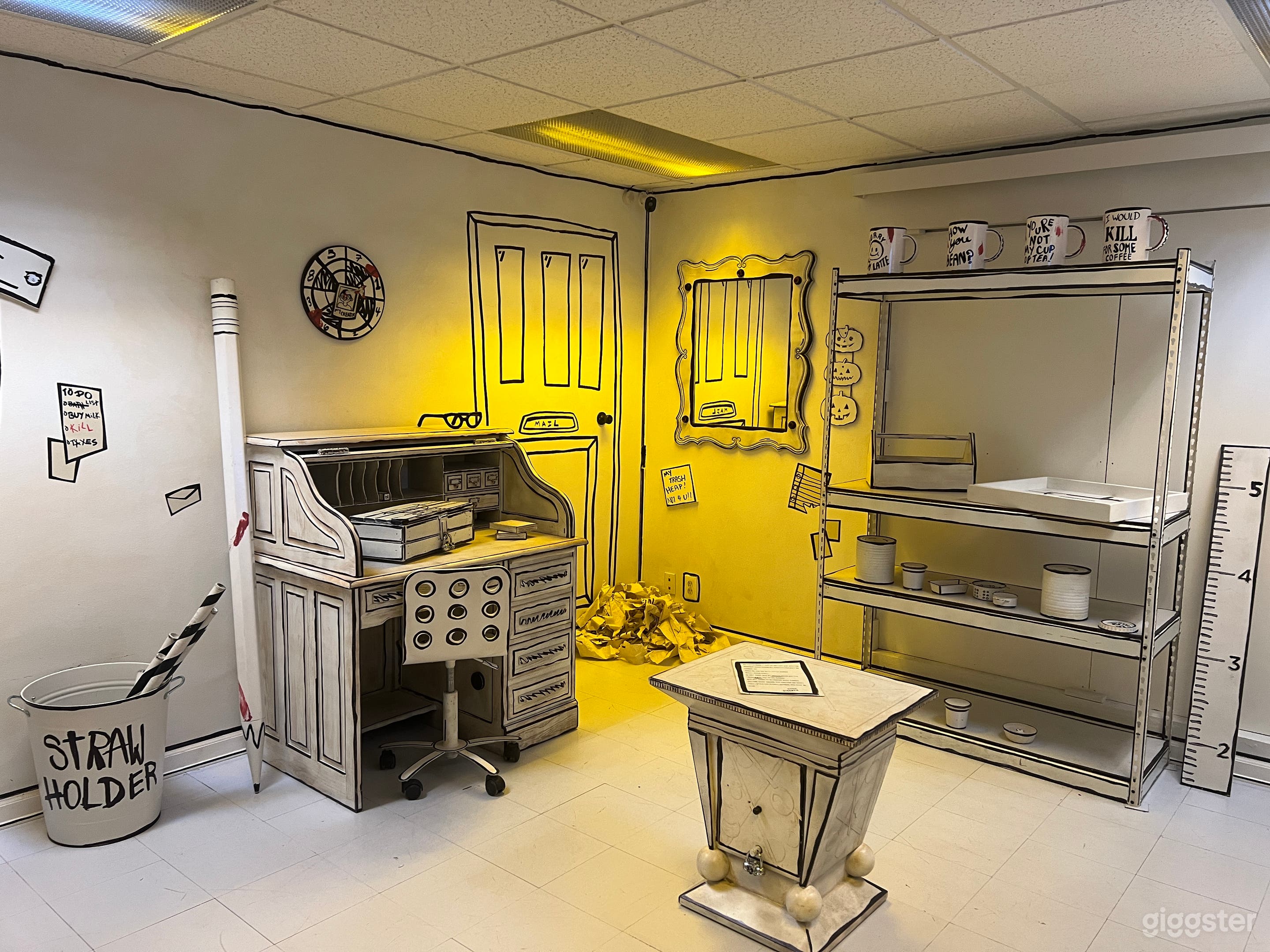 black and white fully functional cartoon room