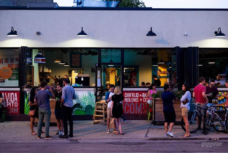  Exterior looking north during evening. 