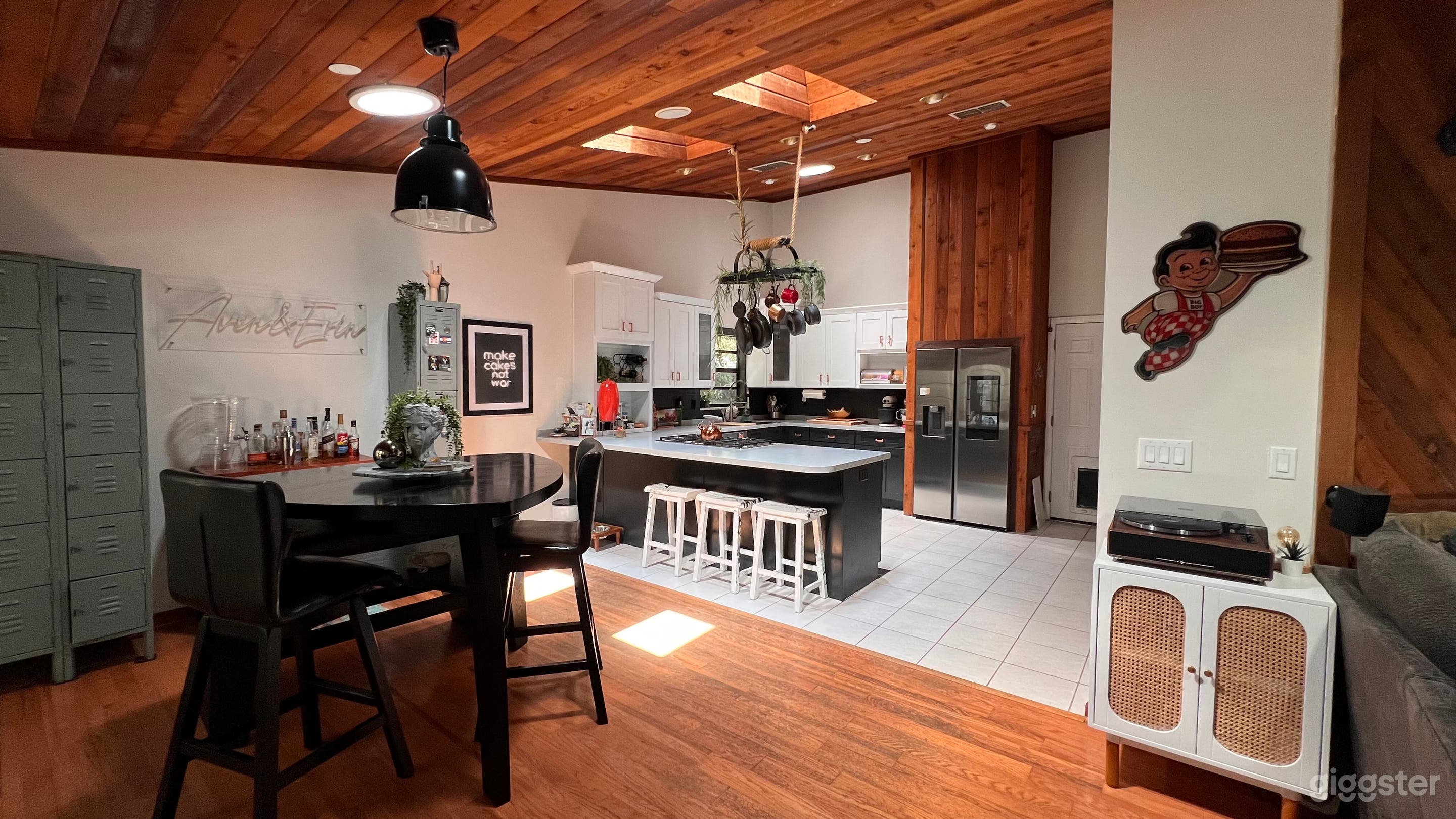 Unique Dining room and kitchen; neon wall sign is a permanent installation but can be covered 