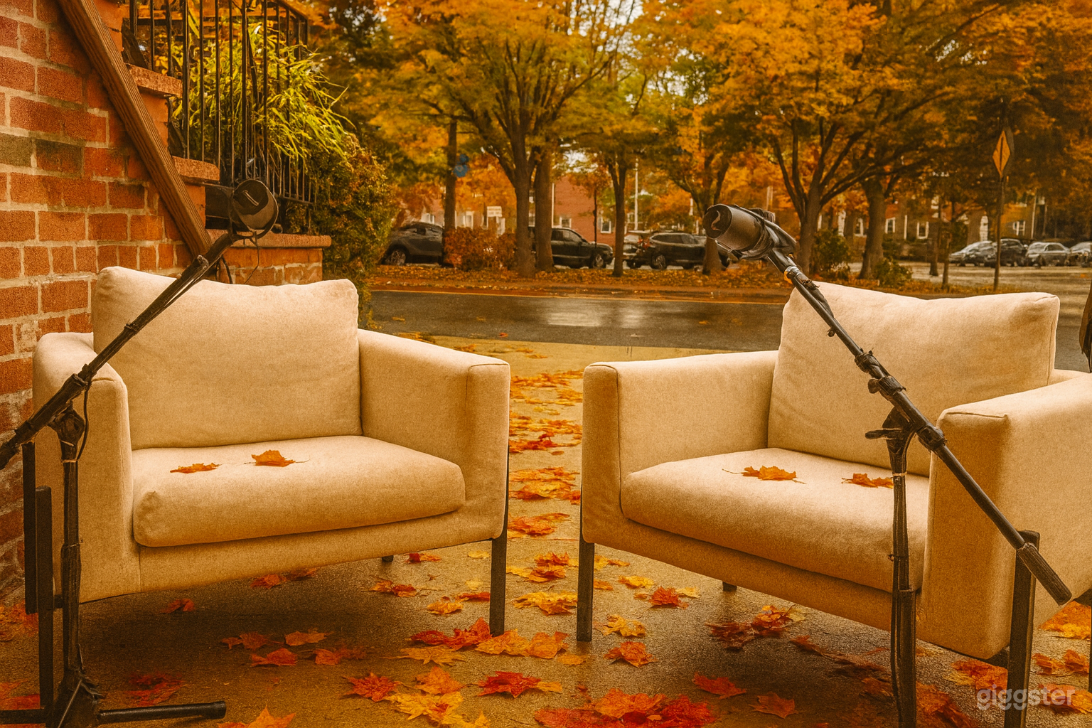 This cozy outdoor setup captures a warm, inviting fall atmosphere — two soft beige armchairs facing each other beneath autumn trees glowing in golden hues. The brick backdrop and subtle microphone stands hint at an intimate podcast or conversation setting,