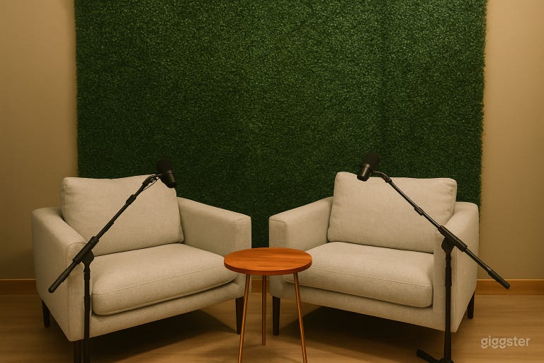  Green Backdro

A lush wall of vibrant greenery sets the tone for deep conversations and creative energy, with a visual heartbeat of passion and authenticity. Two modern armchairs face each other. 