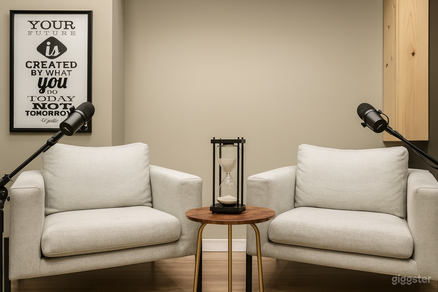 Minimalist Sand Timer Setup

Simplicity meets sophistication in this elegant two-chair setup. Framed by neutral walls and natural textures, an hourglass rests on a mid-century table — a subtle reminder that every moment counts. The microphones lean for