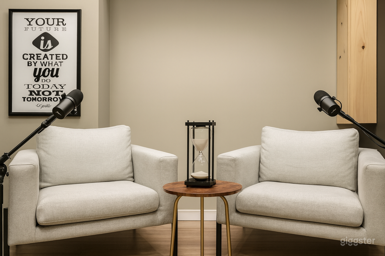  Minimalist Sand Timer Setup

Simplicity meets sophistication in this elegant two-chair setup. Framed by neutral walls and natural textures, an hourglass rests on a mid-century table — a subtle reminder that every moment counts. The microphones lean for 