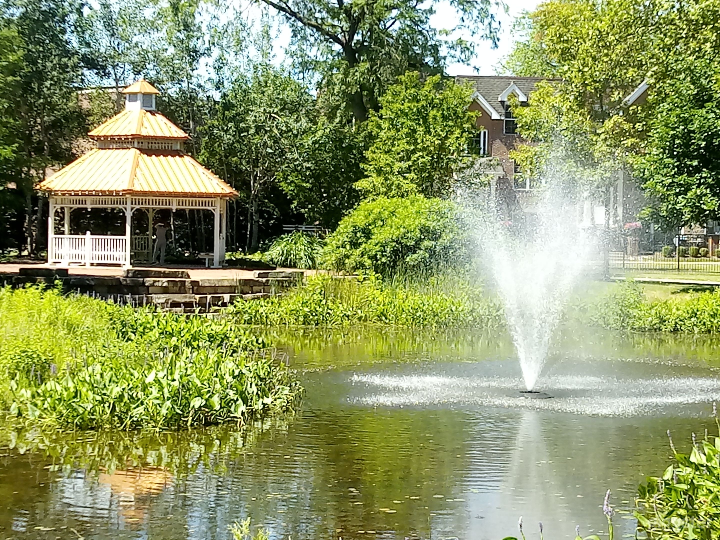 Water fountain with gazebo nearby 
