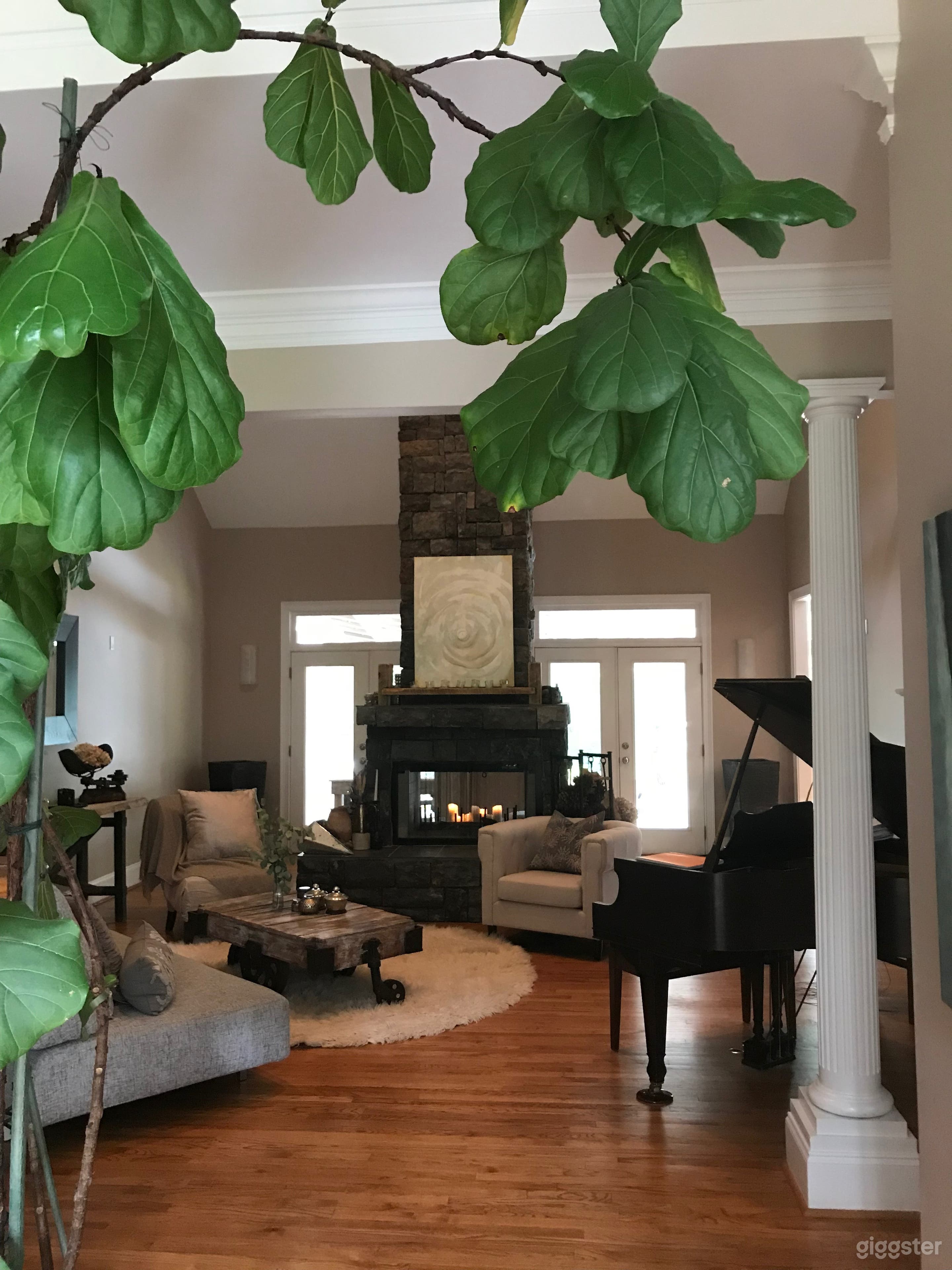 Living room with see through, double sided fireplace