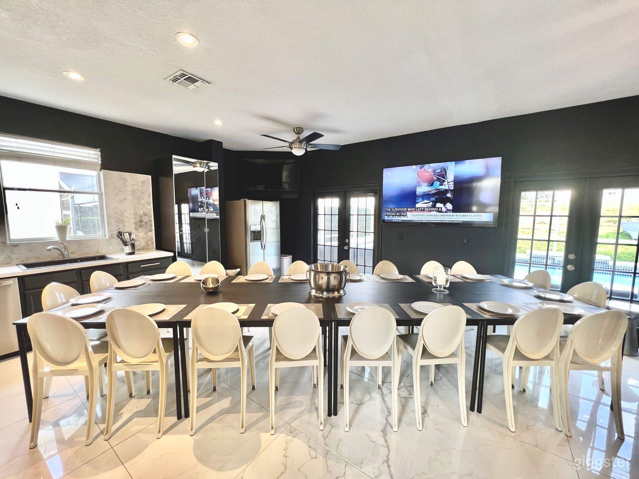 Private Dining Room with your entertaining private chef dinners with Philip Starck designed chairs for exclusive sit down dinners for up to 20 persons inside and 16 persons outside overlooking private pool &amp; golf. Then sip on a cocktail at Fire Pit.
