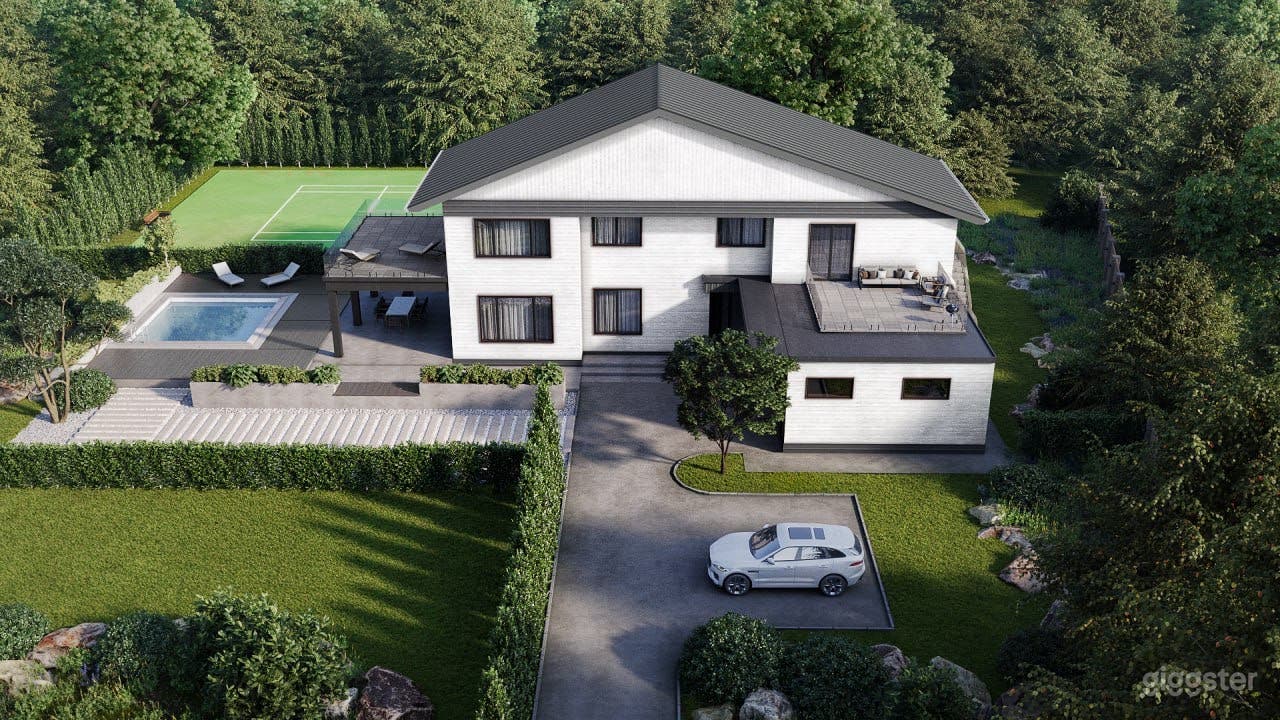 Rendering of house.  No pool  or tennis court.  Separate entrance to private suite above garage