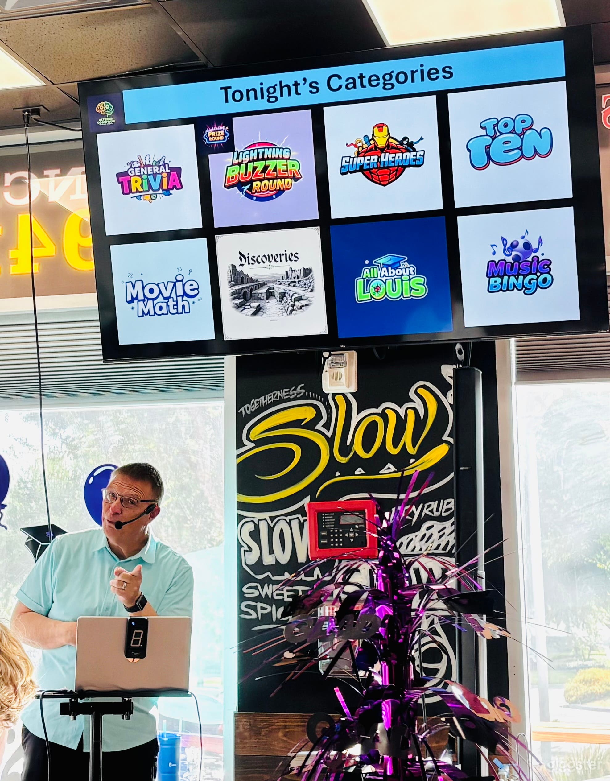 With 7 large screen Tv's you can host your event with plenty of viewing opportunities for your guest. Slide shows or Trivia no one will miss out.