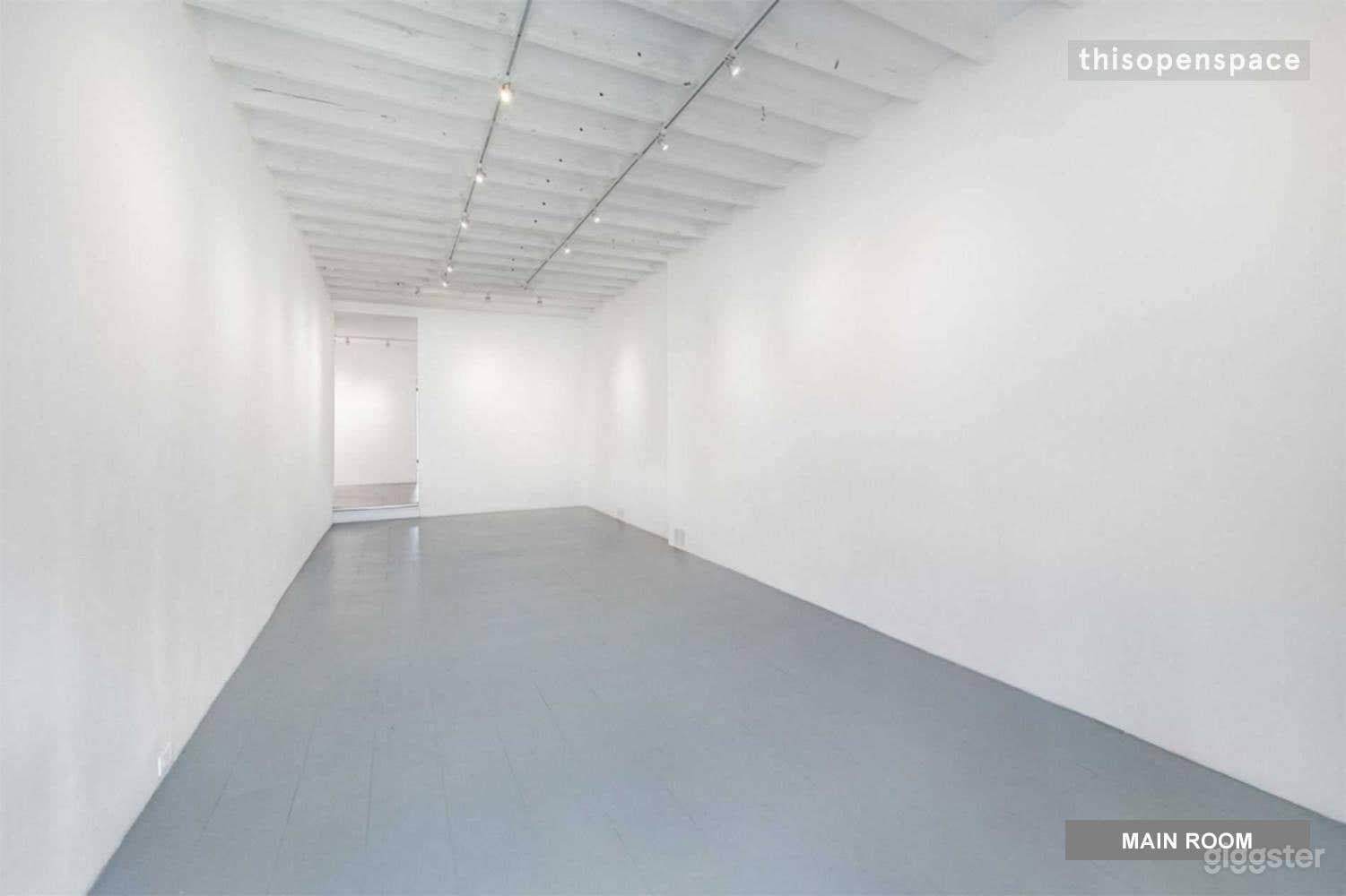 View from the door of the large Main Room with exposed wood beam high ceilings and adjustable track lighting. Walls are enforced with plywood behind drywall for ease in hanging art or display units.