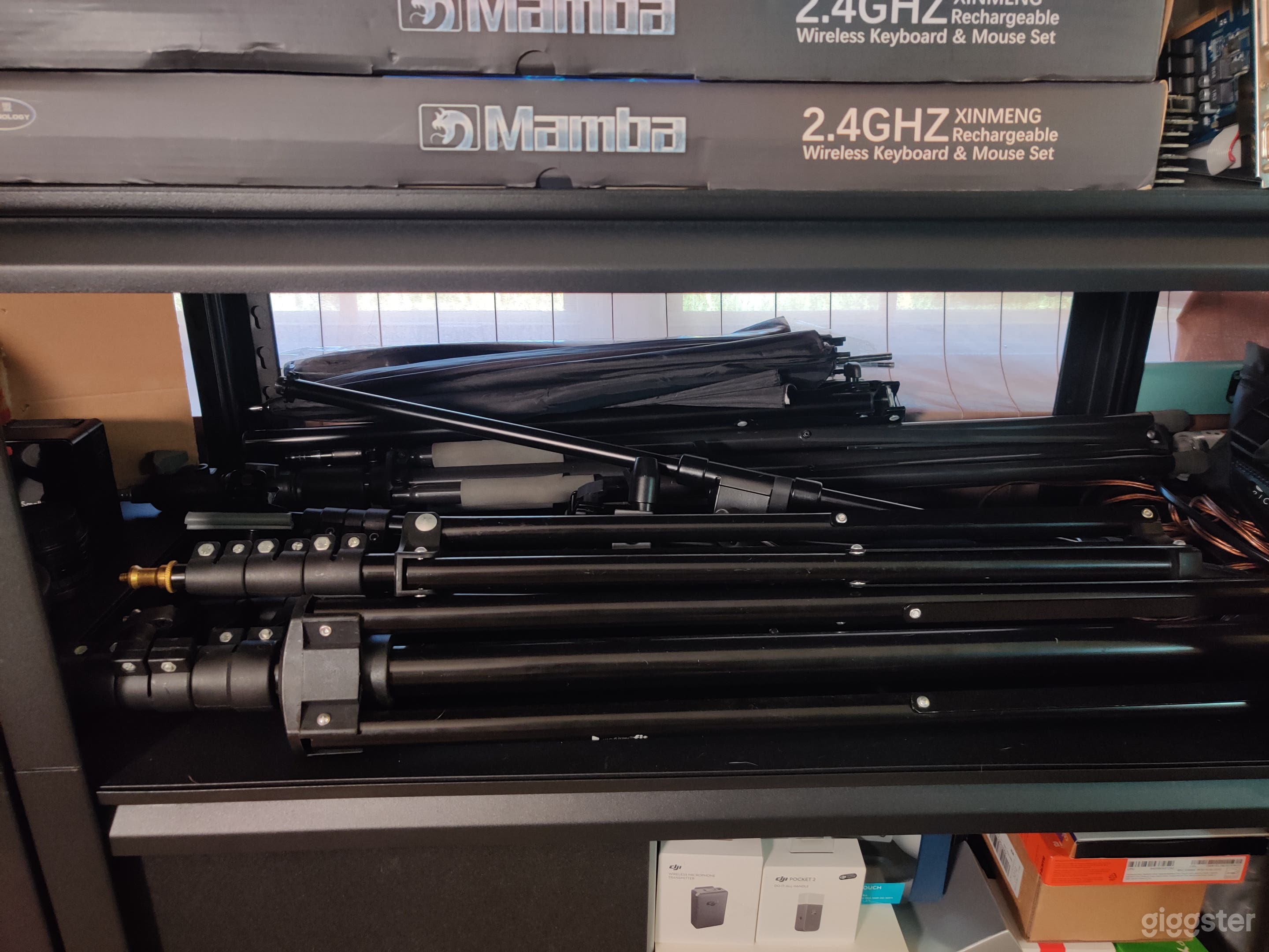 Lightstands, boom arms, C-stand, and camera tripods available