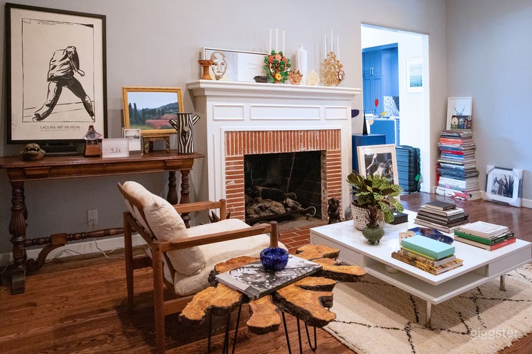  Library Sitting Room with Fireplace + Built-In Bookcase with Ladder (Day) 