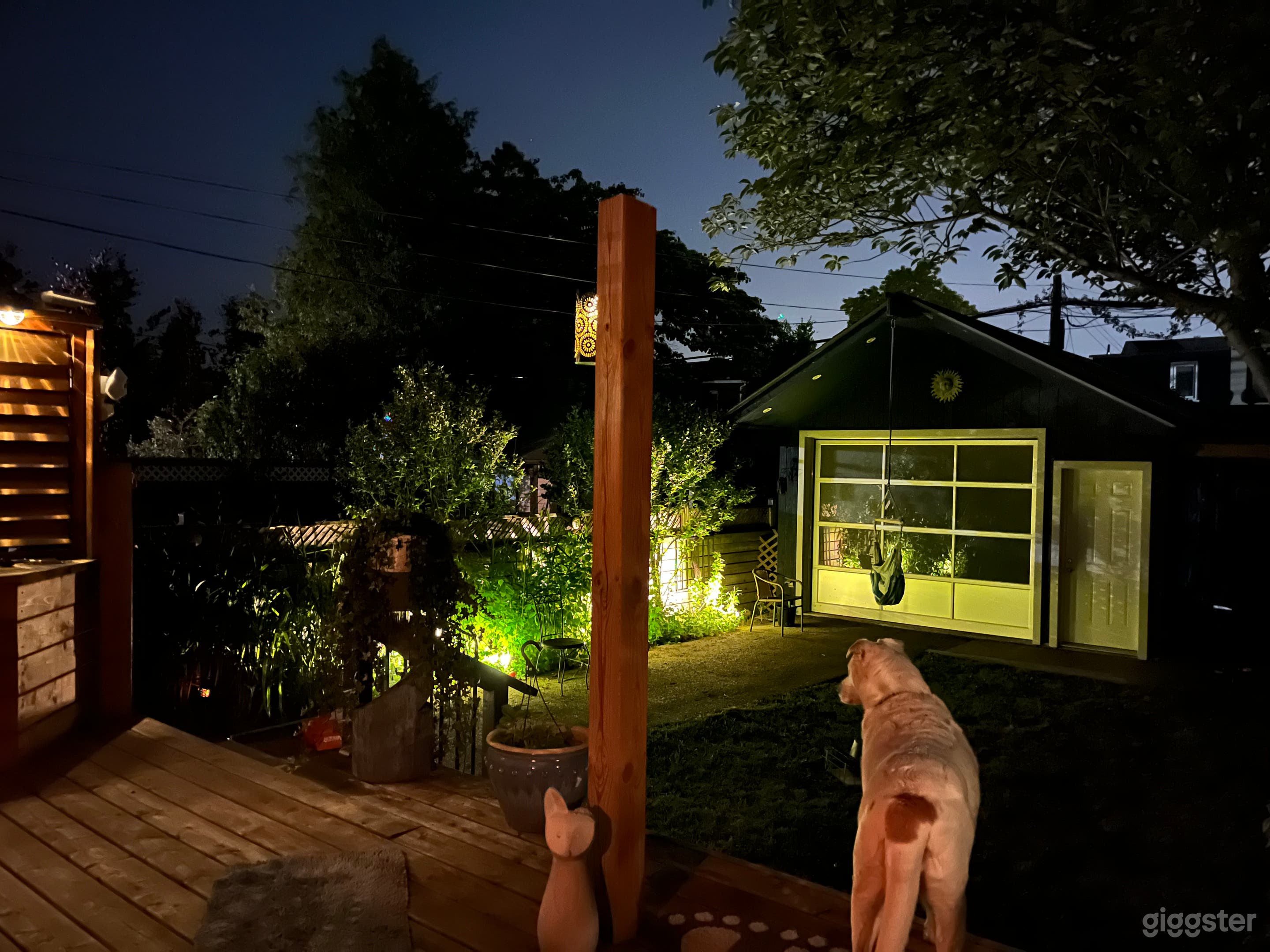 Night view of garage from back deck