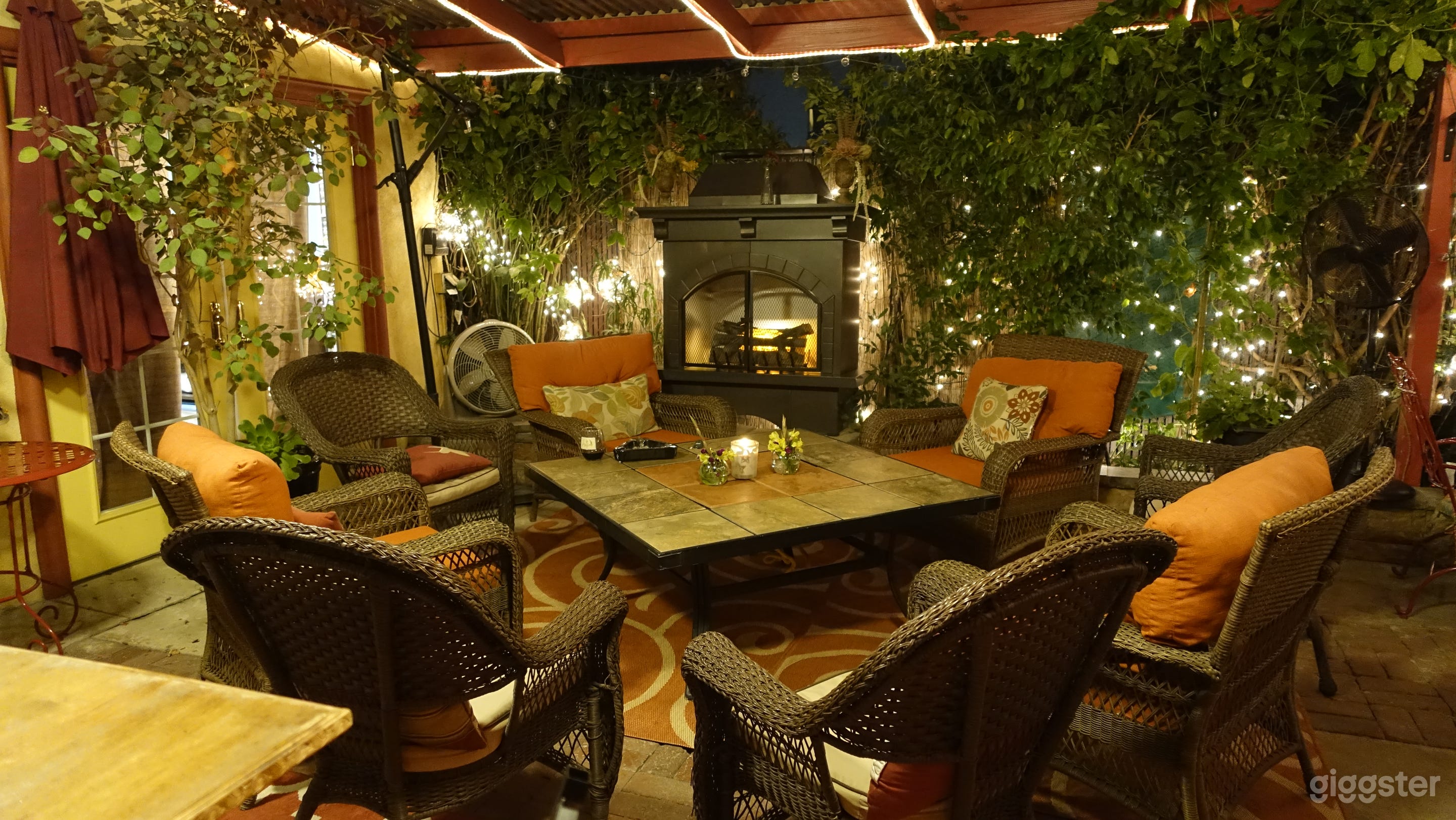 Patio seating by the fire.