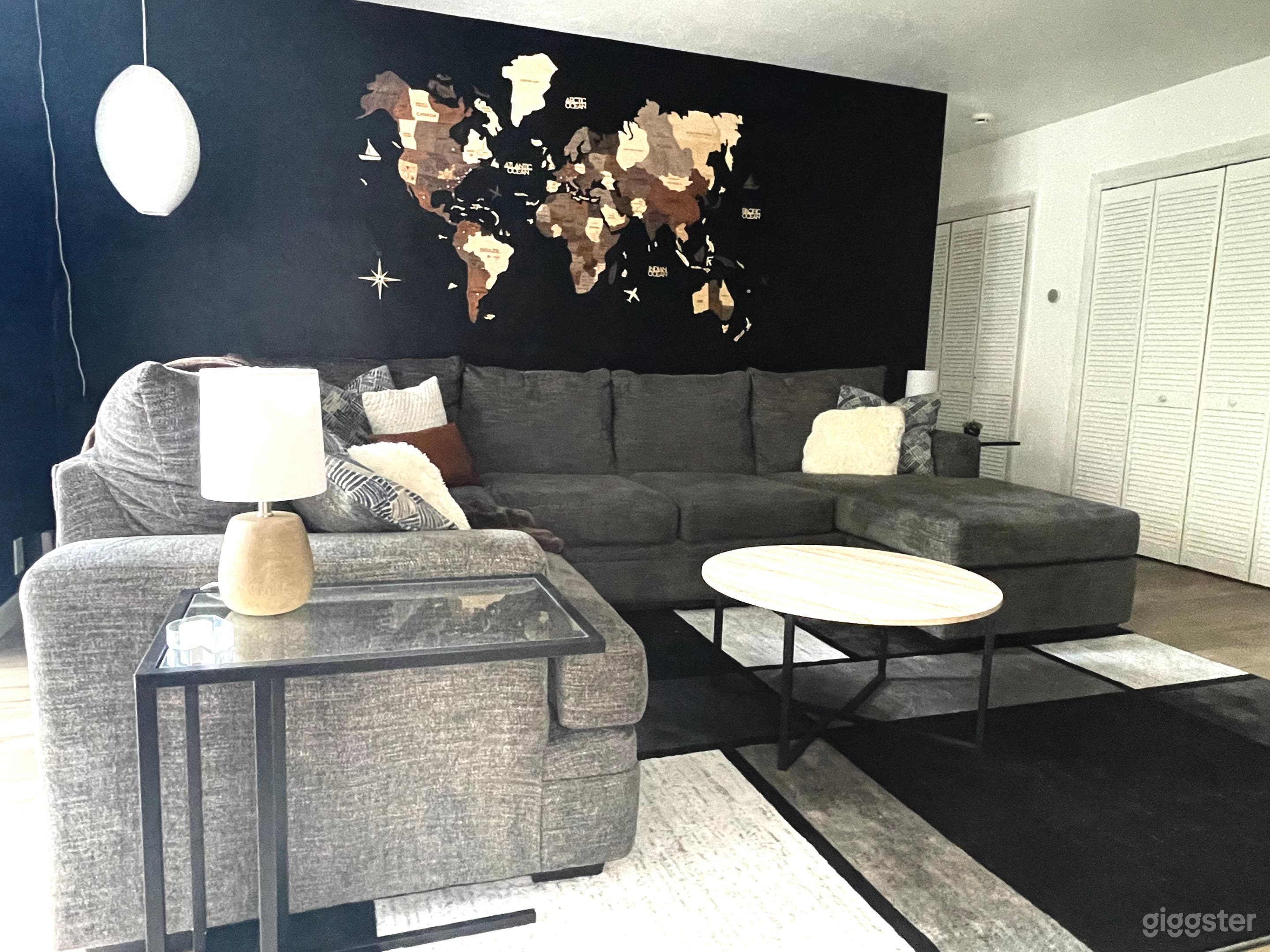 Spacious living room with a large sectional.