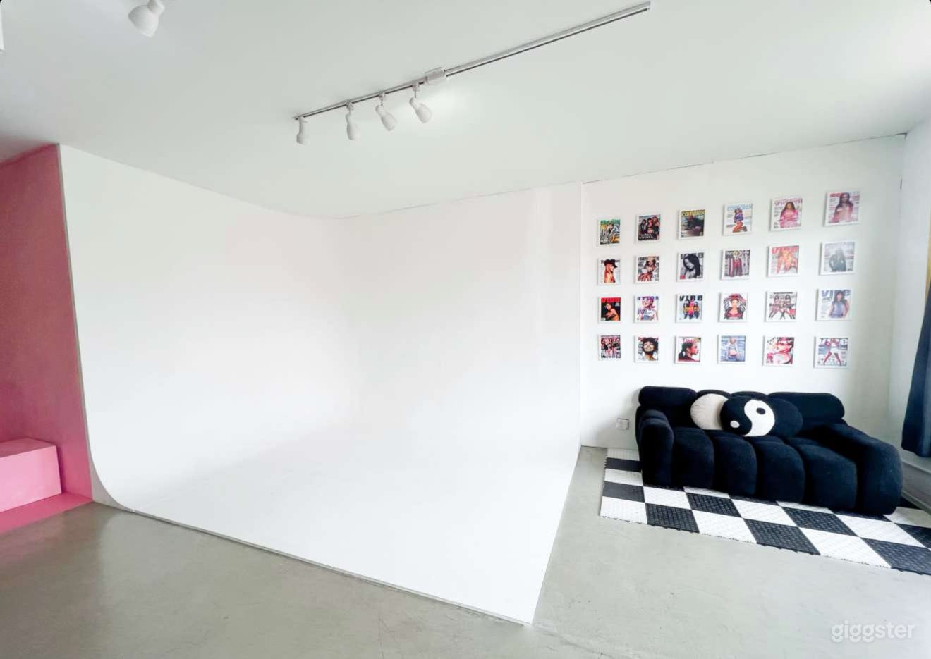  Infinity/cyc wall dimensions are 10ft wide x 6.5ft deep x 9ft tall