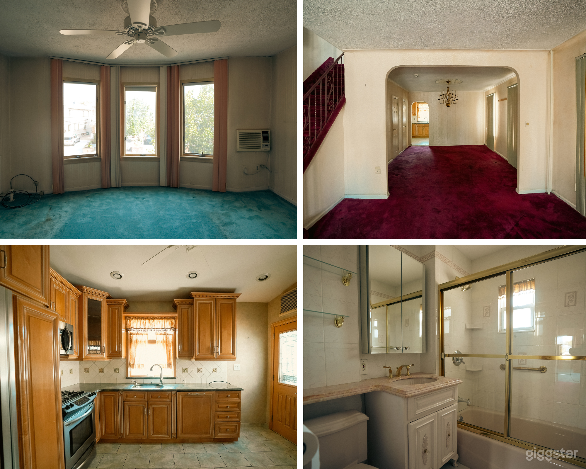 Vacant Home with Pink Carpets, Wallpaper, and Wood Paneling Photo 1