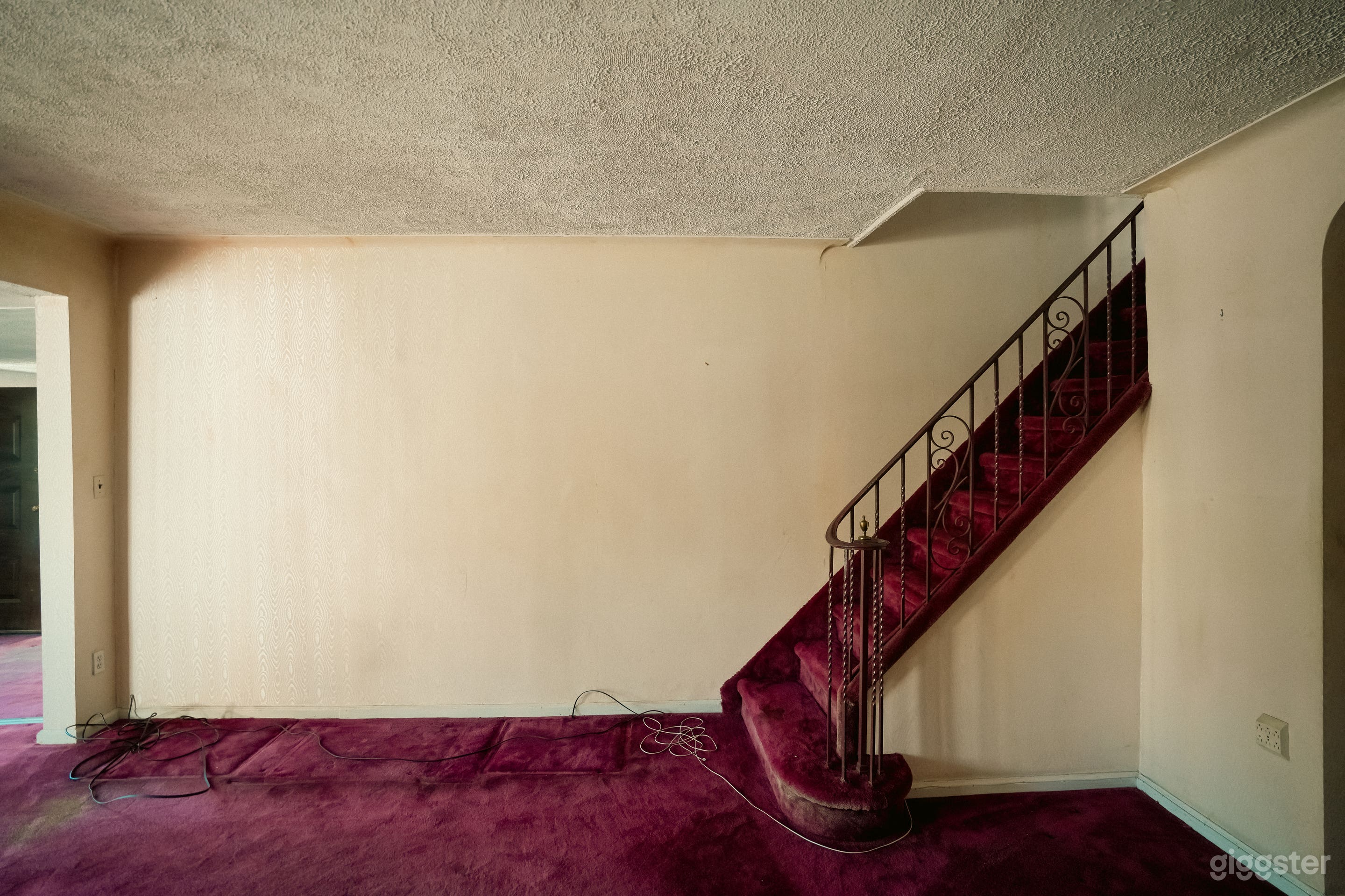 Vacant Home with Pink Carpets, Wallpaper, and Wood Paneling Photo 2