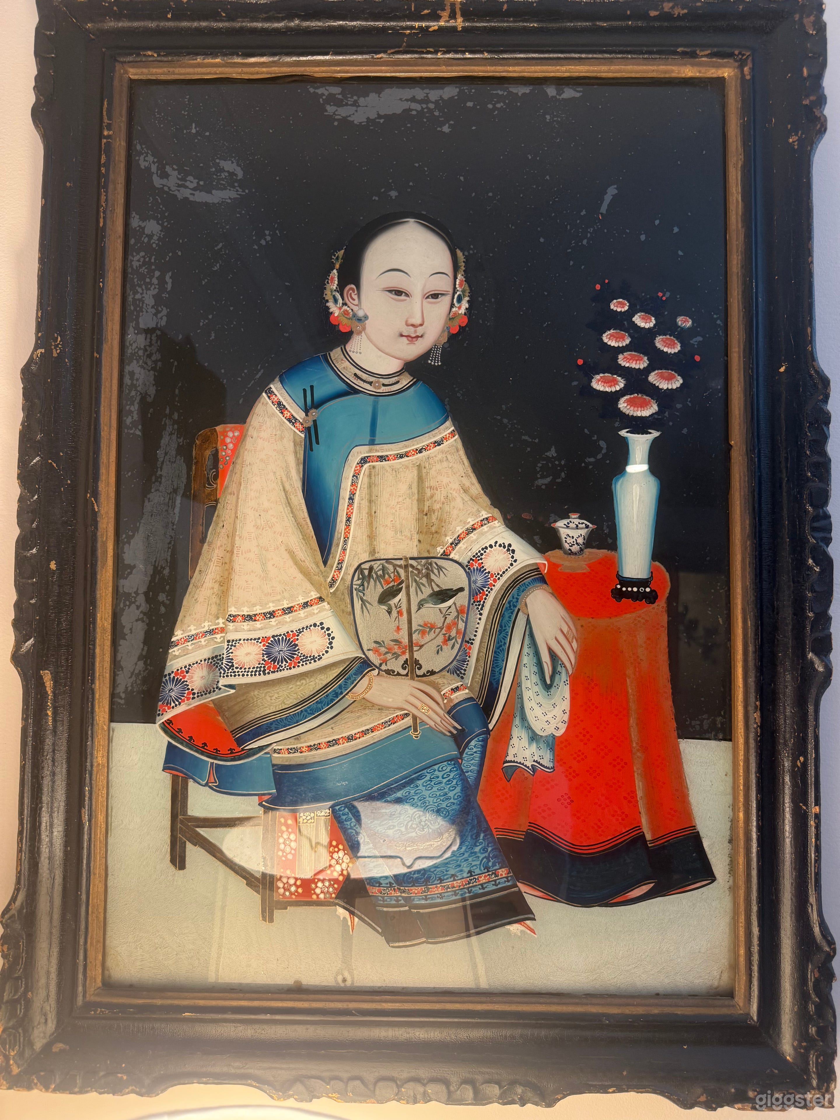 Antique Chinese glass painting from the Qing Dynasty, featuring a wealthy nobleman seated in a grand chair, holding a folding fan. A rare and elegant piece that captures the refined lifestyle of 19th-century China.
