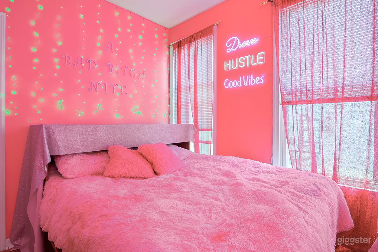 Pink Aesthetic, barbie core styled bedroom. Featuring neon signs, a led closet nook, a blinged seating area and cabinet style bed for 2 looks in one.