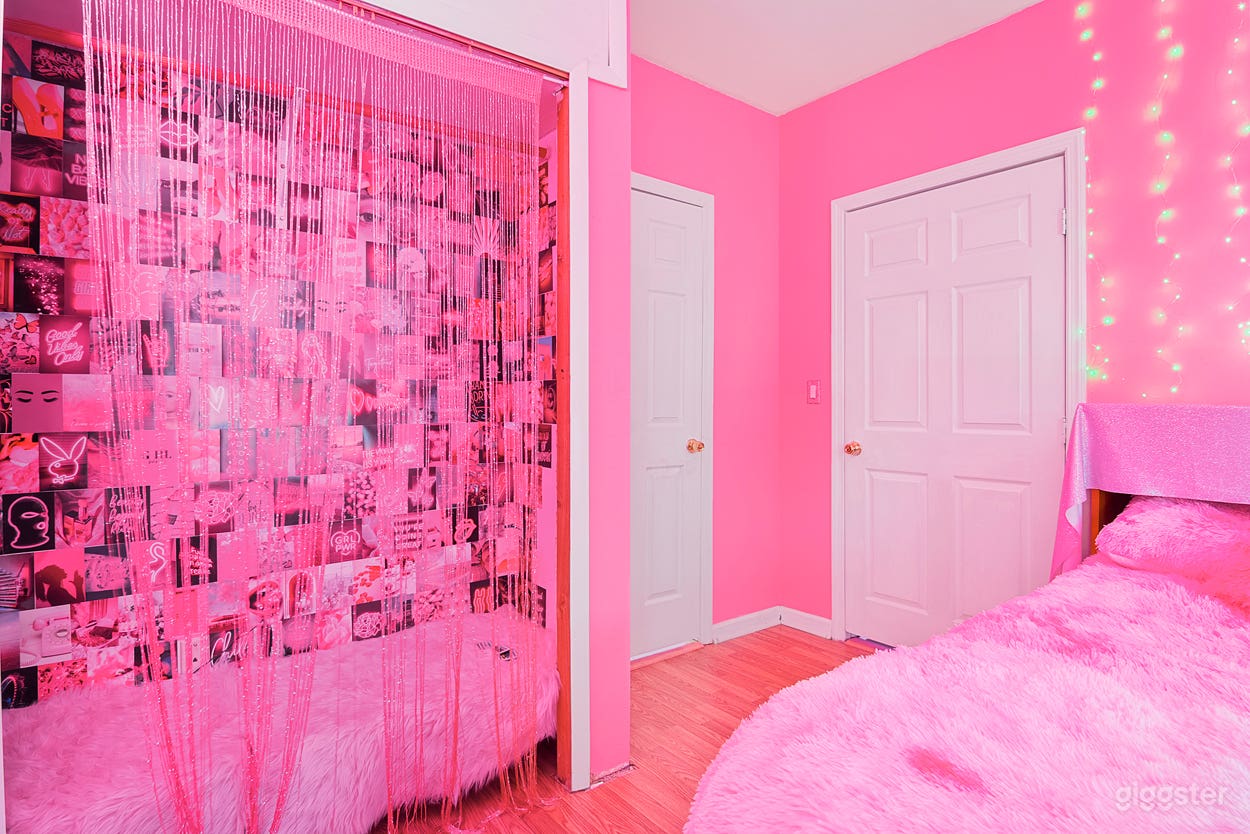 Pink Aesthetic, barbie core styled bedroom. Featuring neon signs, a led closet nook, a blinged seating area and cabinet style bed for 2 looks in one.