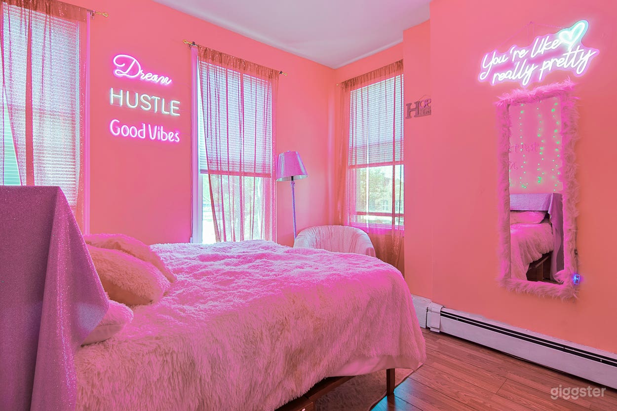 Pink Aesthetic, barbie core styled bedroom. Featuring neon signs, a led closet nook, a blinged seating area and cabinet style bed for 2 looks in one.