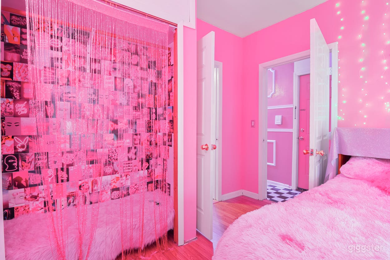 Pink Aesthetic, barbie core styled bedroom. Featuring neon signs, a led closet nook, a blinged seating area and cabinet style bed for 2 looks in one.