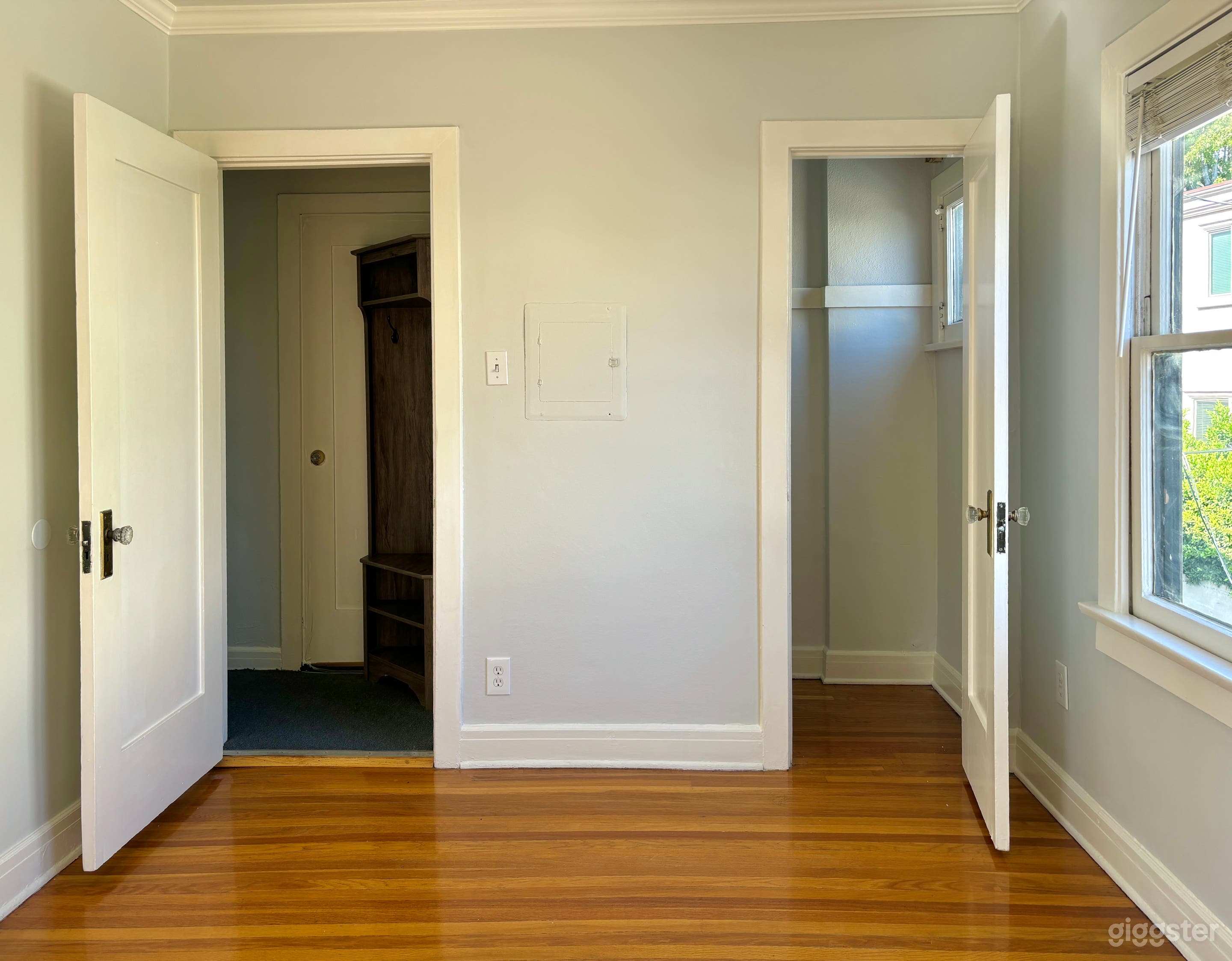Left door leads to the hallway. Right door is a large closet.