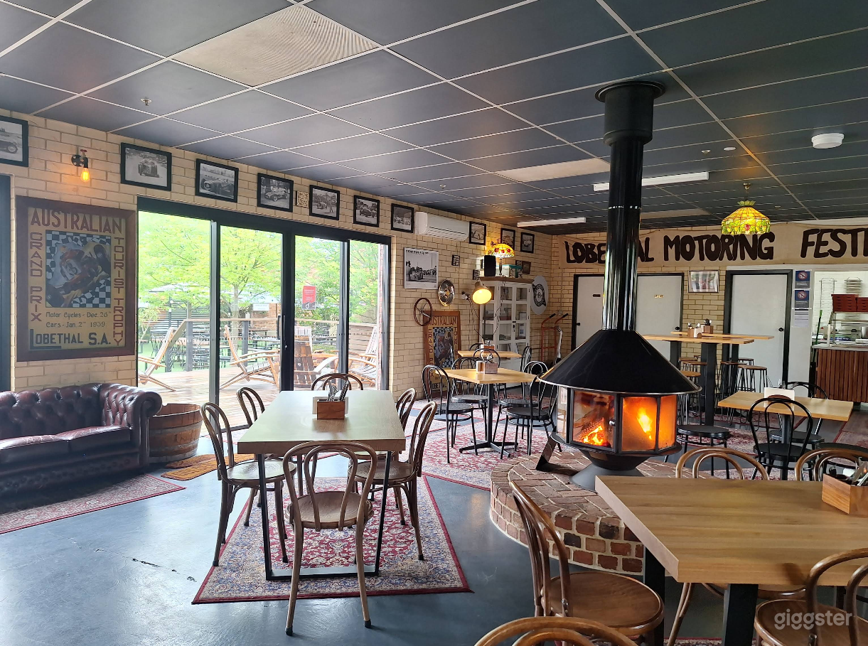 Function room with fireplace and pizza oven