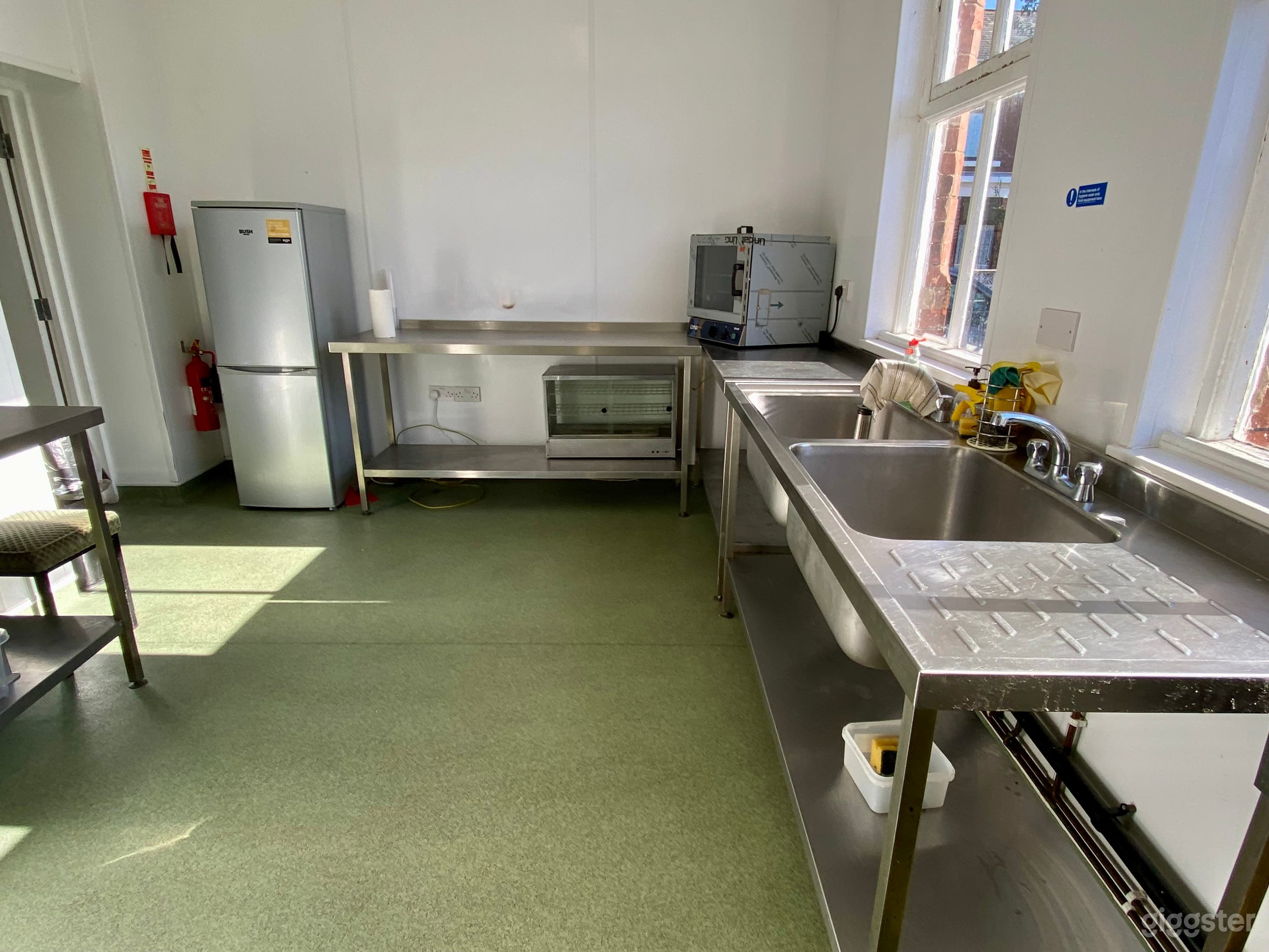 The back kitchen has an oven, a double sink, work surfaces and a spacious fridge freezer. The kitchen area is just off the main function room so food can be easily transported to your event or production.