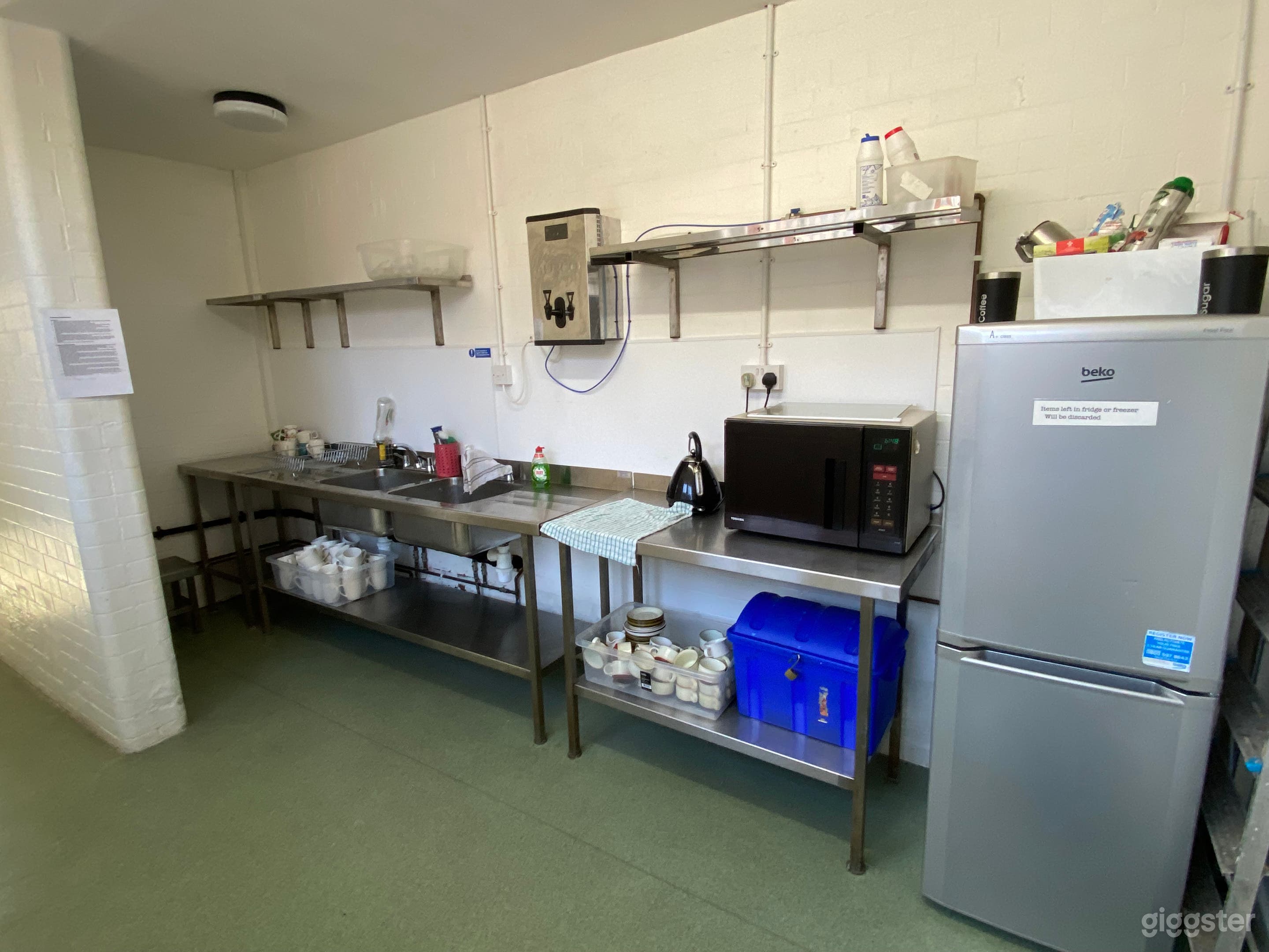 The front kitchen has a microwave, hot water Geyser, fridge freezer and double sink. This leads through to the back kitchen. The kitchen area is just off the main function room so food can be easily transported to your event or production.
