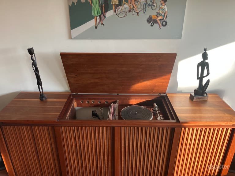  Mid Century console with vinyl record player, cassette player and Pioneer Receiver and 2.1 HiFi audio system. 