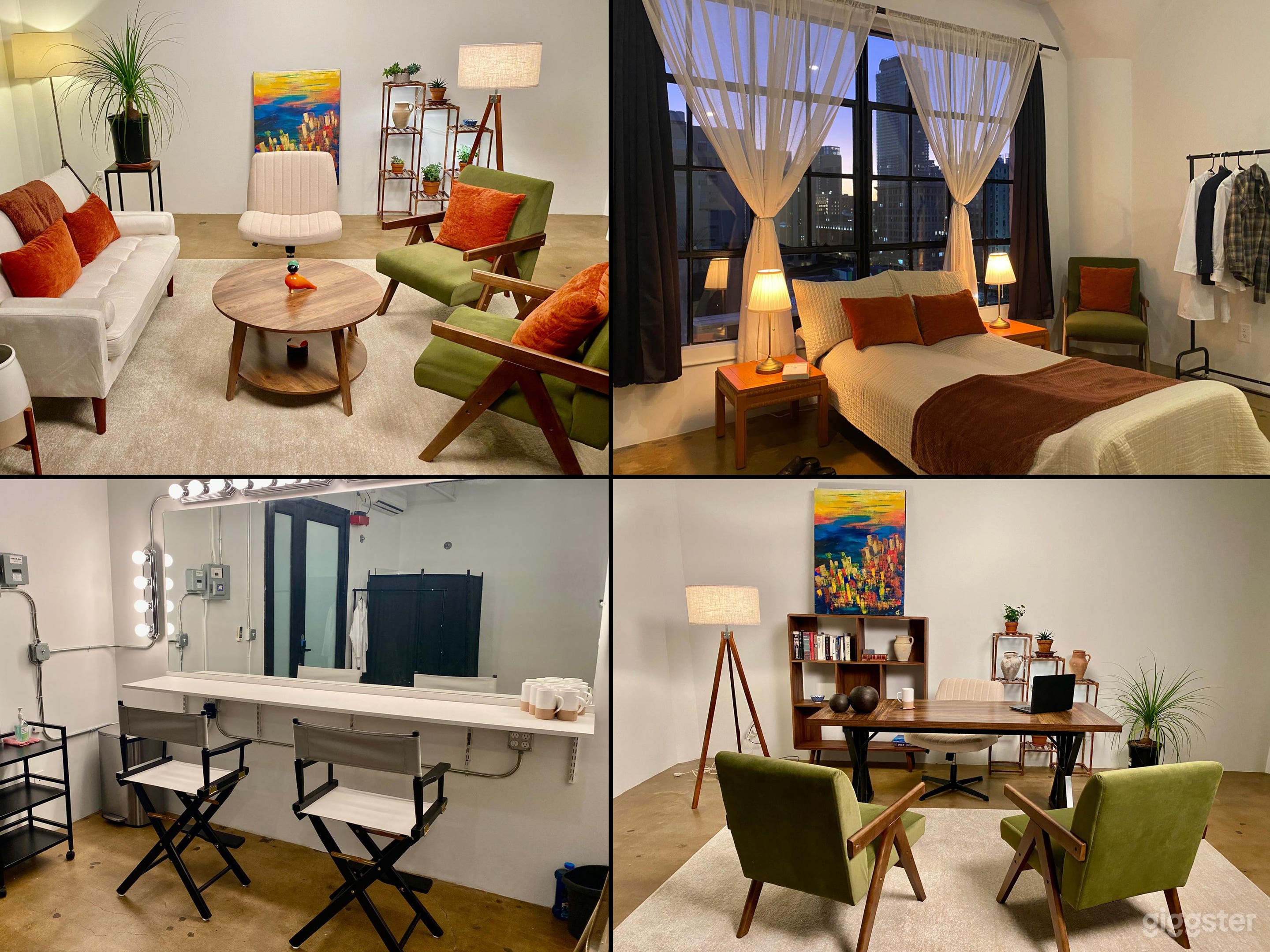 Bedroom, living room, makeup station, office.