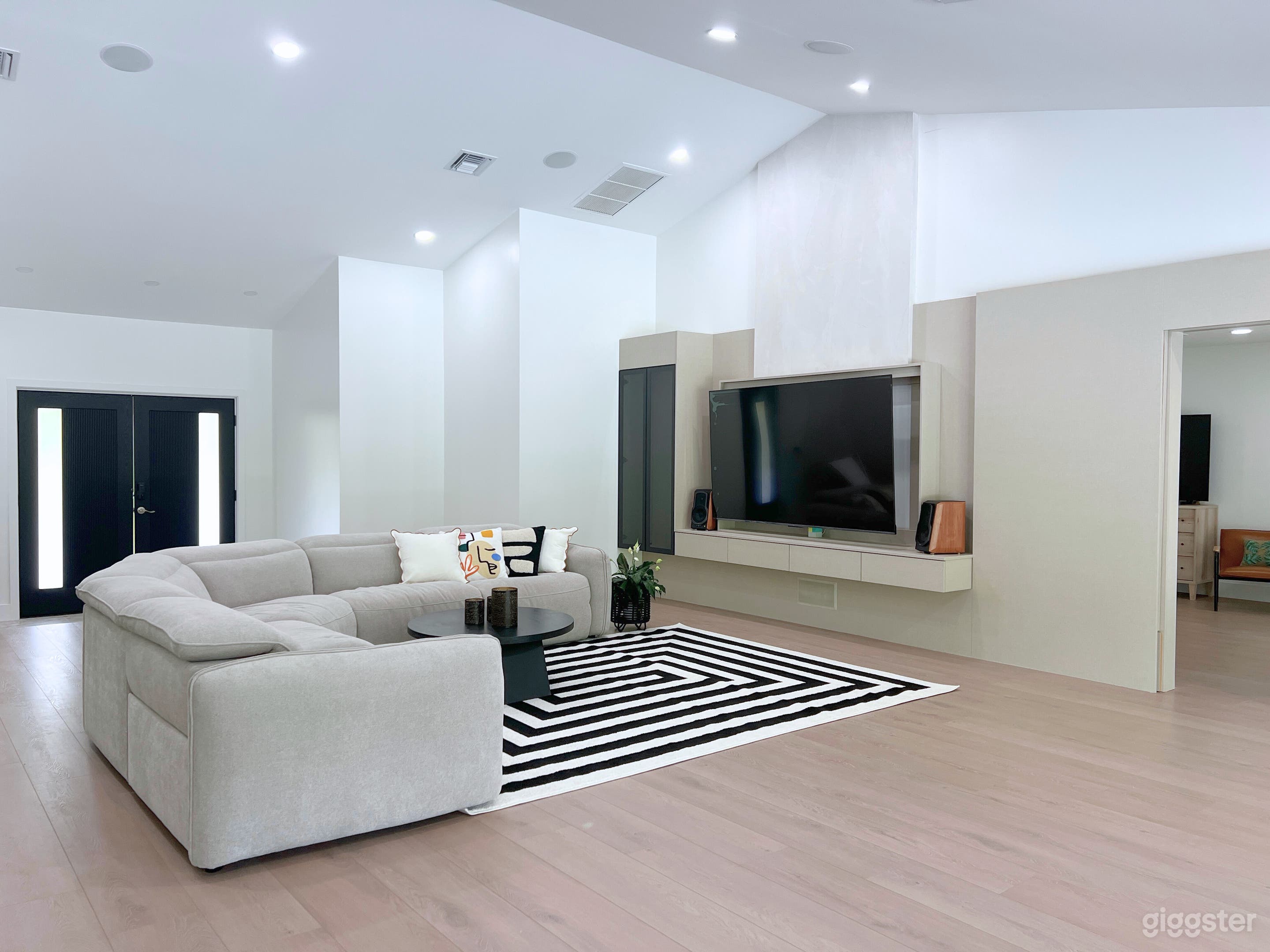 Living room with custom entertainment center.