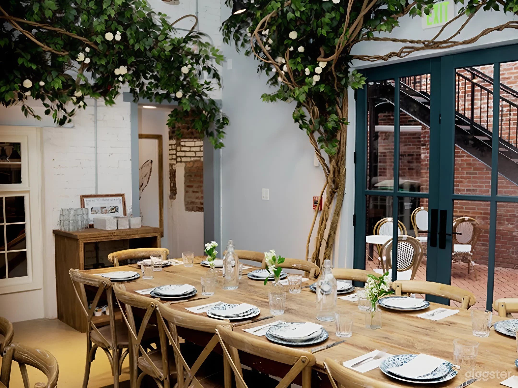 Charming event space with French doors opening onto a private patio